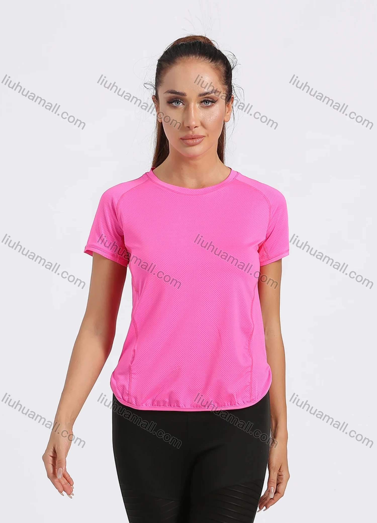 Wholesale Women's Sporty Crew Neck Short Sleeve Plain Quick-dry Breathable Curved Hem Athletic T-shirt - Liuhuamall