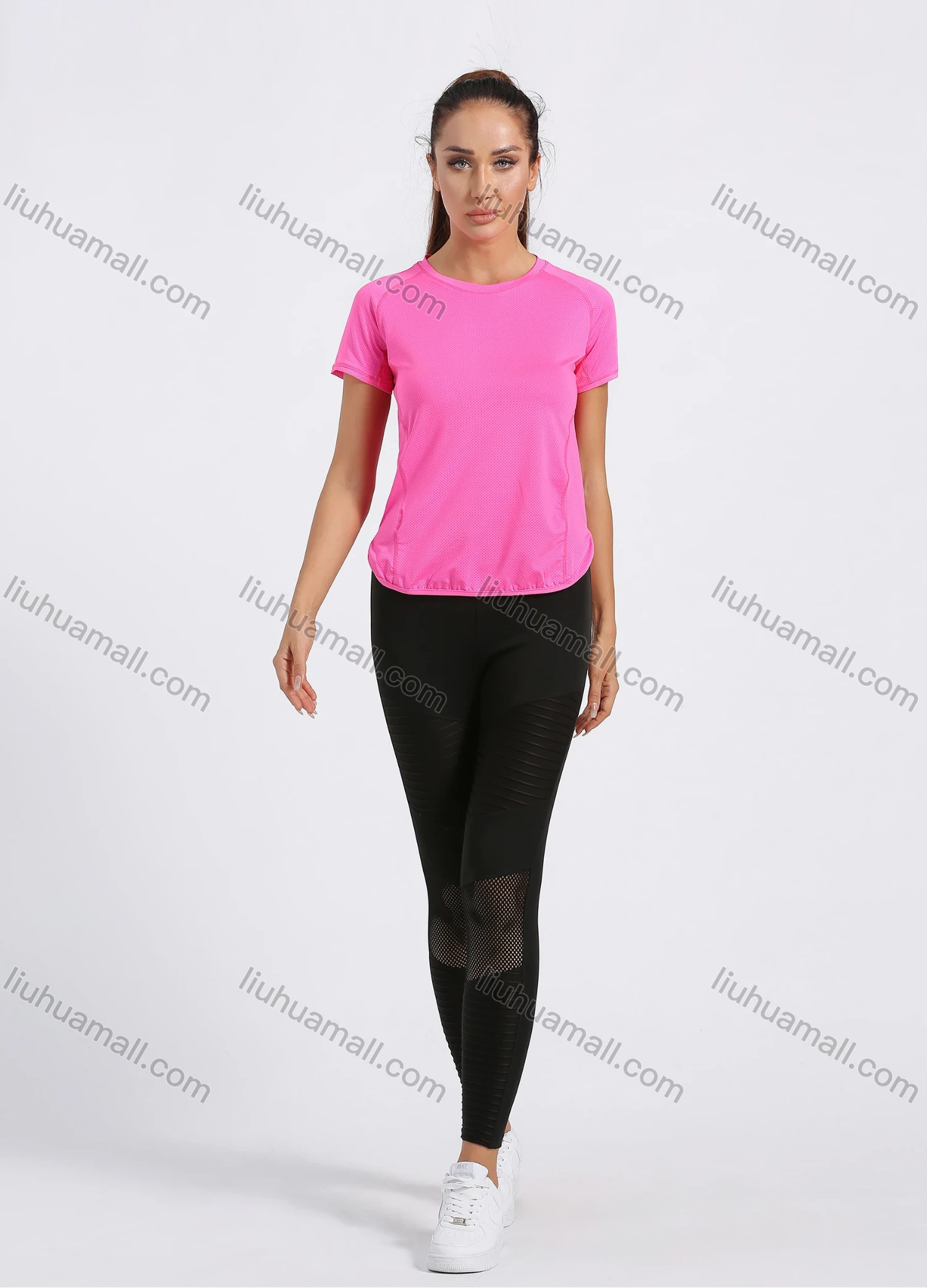 Wholesale Women's Sporty Crew Neck Short Sleeve Plain Quick-dry Breathable Curved Hem Athletic T-shirt - Liuhuamall