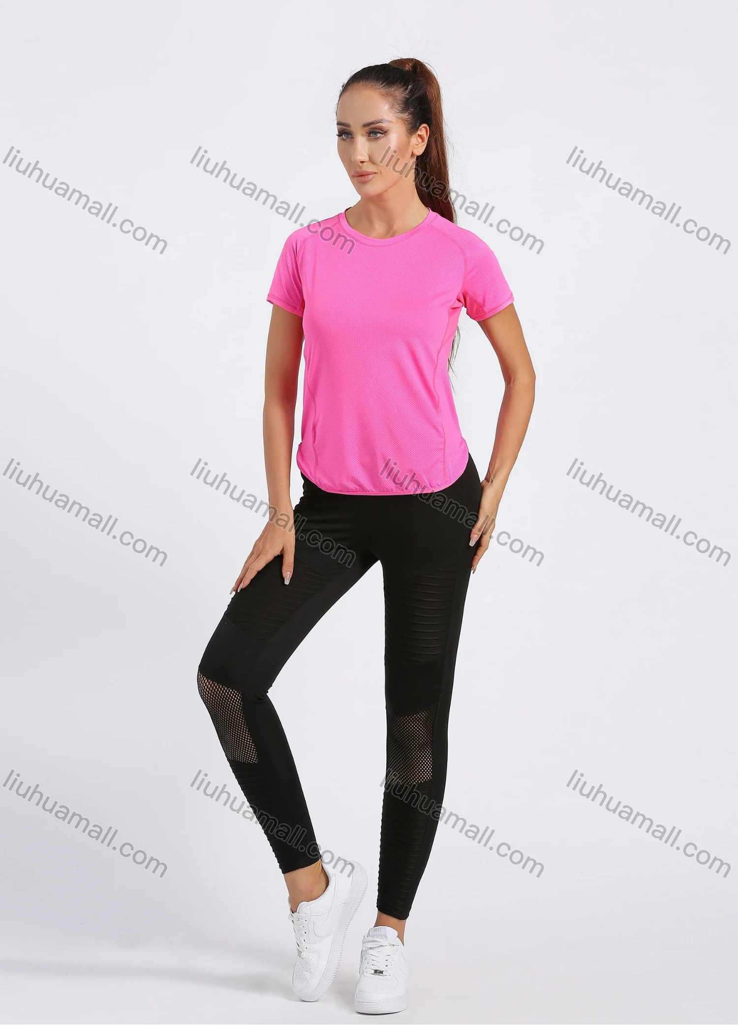 Wholesale Women's Sporty Crew Neck Short Sleeve Plain Quick-dry Breathable Curved Hem Athletic T-shirt - Liuhuamall