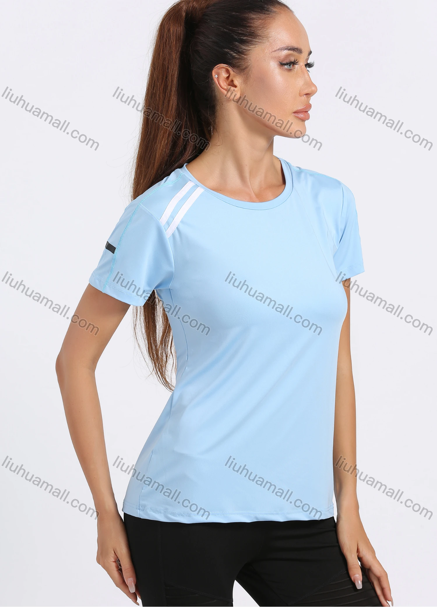 Wholesale Women's Sporty Crew Neck Short Sleeve Plain Striped Decor Quick-dry Breathable Athletic T-shirt - Liuhuamall