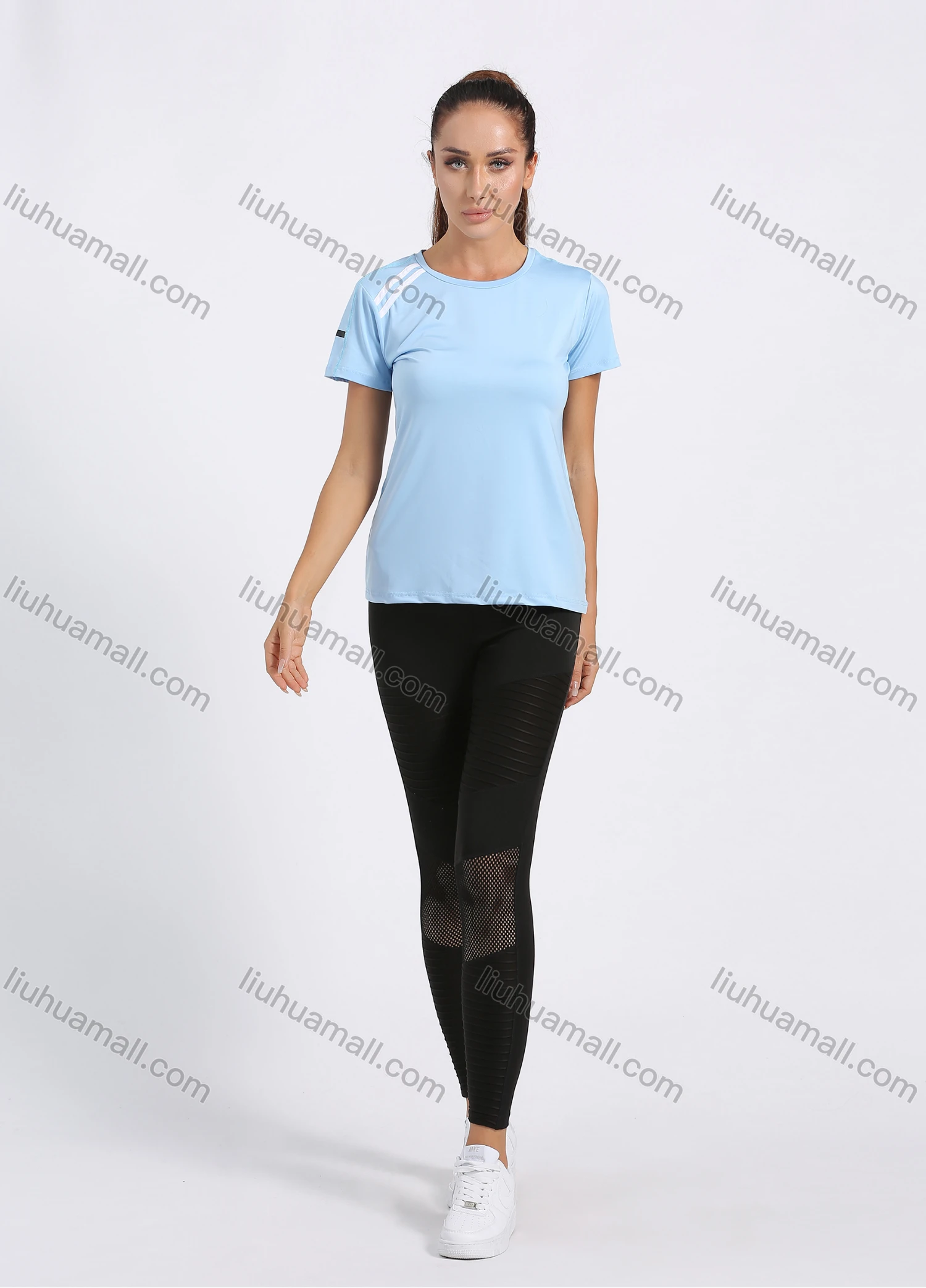 Wholesale Women's Sporty Crew Neck Short Sleeve Plain Striped Decor Quick-dry Breathable Athletic T-shirt - Liuhuamall