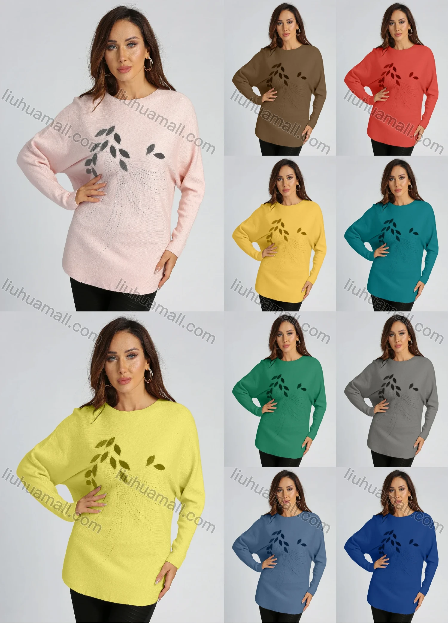 Wholesale Women's Flocking Leaf Rhinestone Round Neck Long Sleeve Pullover Knit Top - Liuhuamall