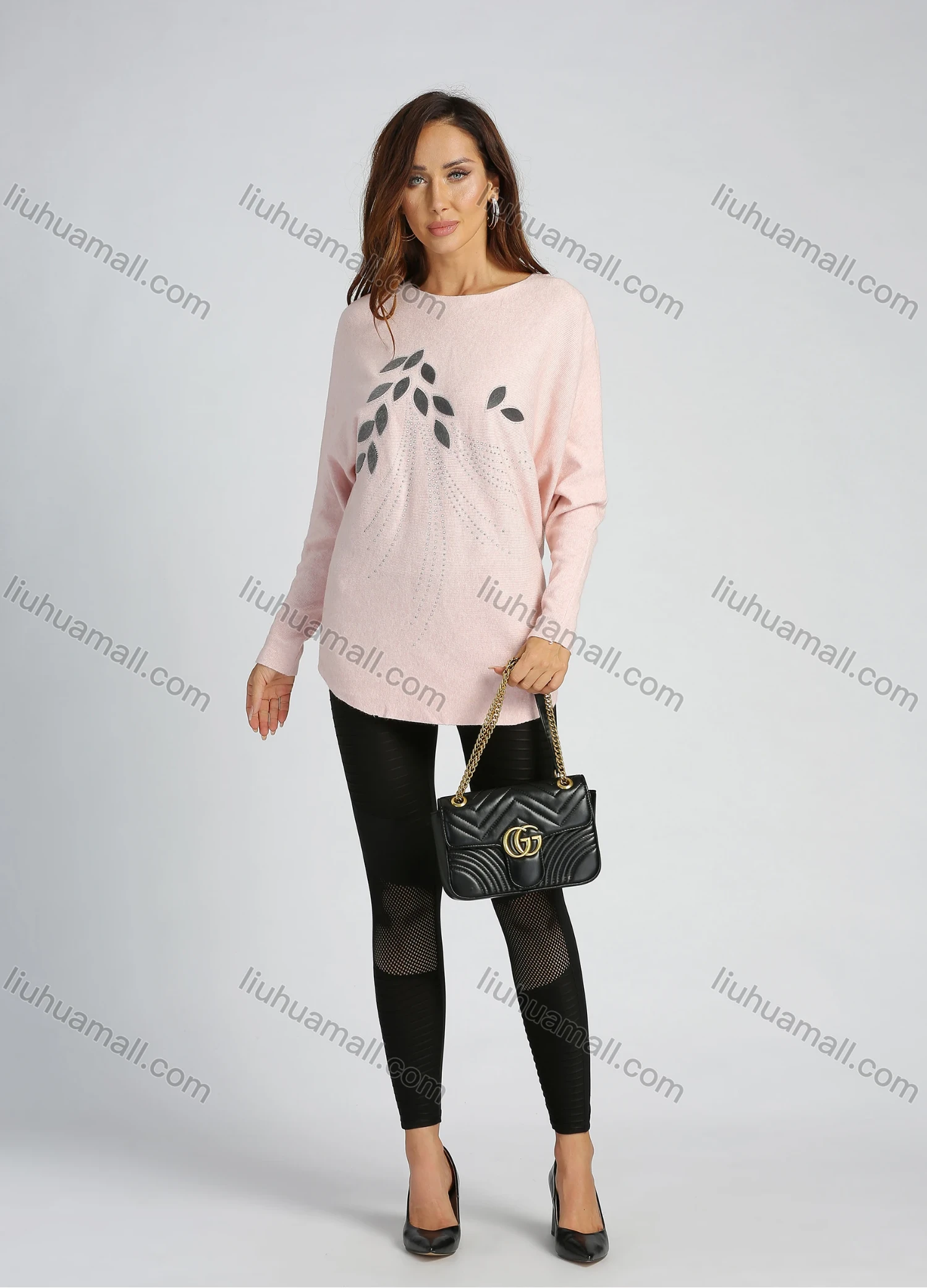 Wholesale Women's Flocking Leaf Rhinestone Round Neck Long Sleeve Pullover Knit Top - Liuhuamall