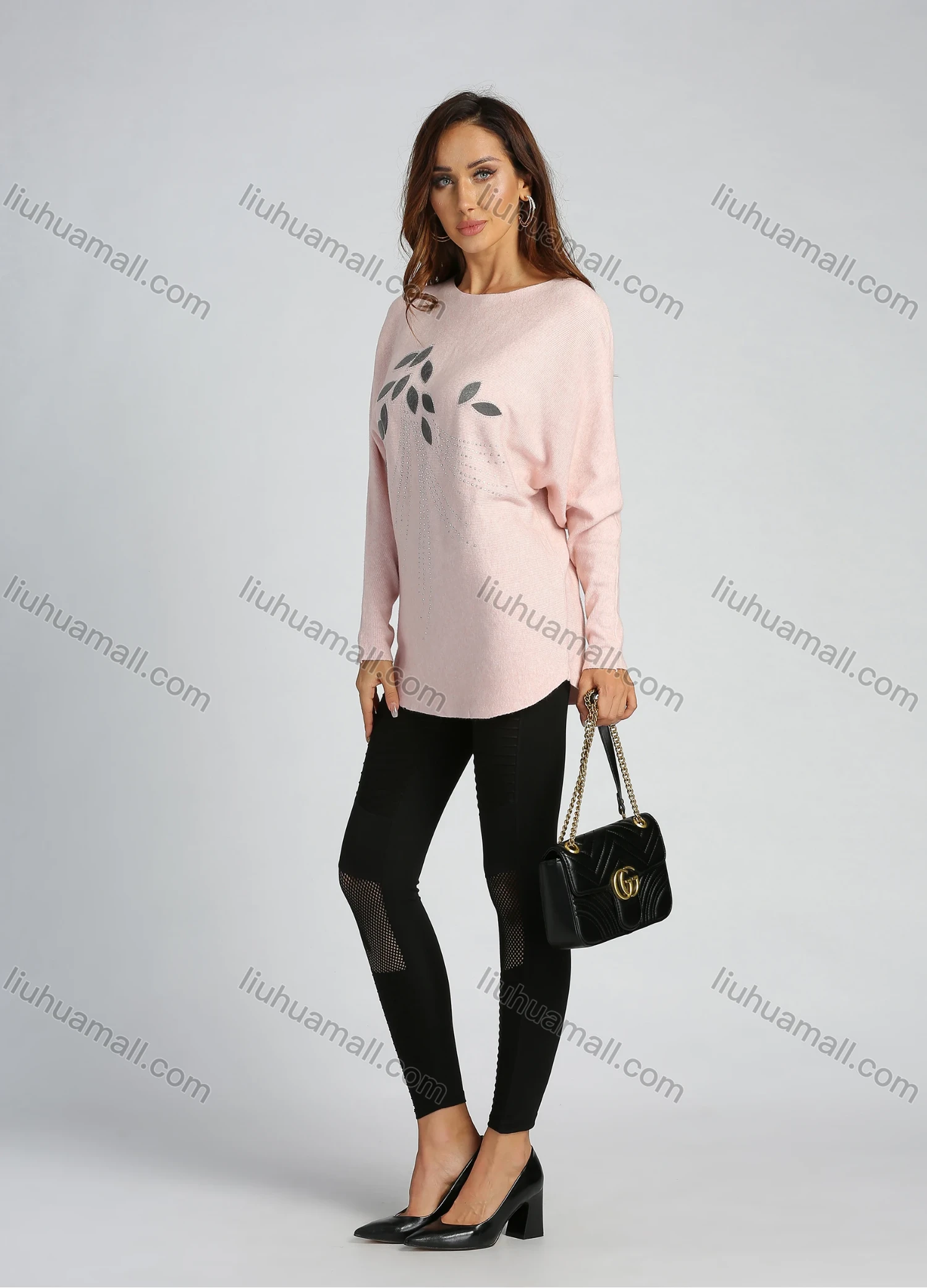 Wholesale Women's Flocking Leaf Rhinestone Round Neck Long Sleeve Pullover Knit Top - Liuhuamall