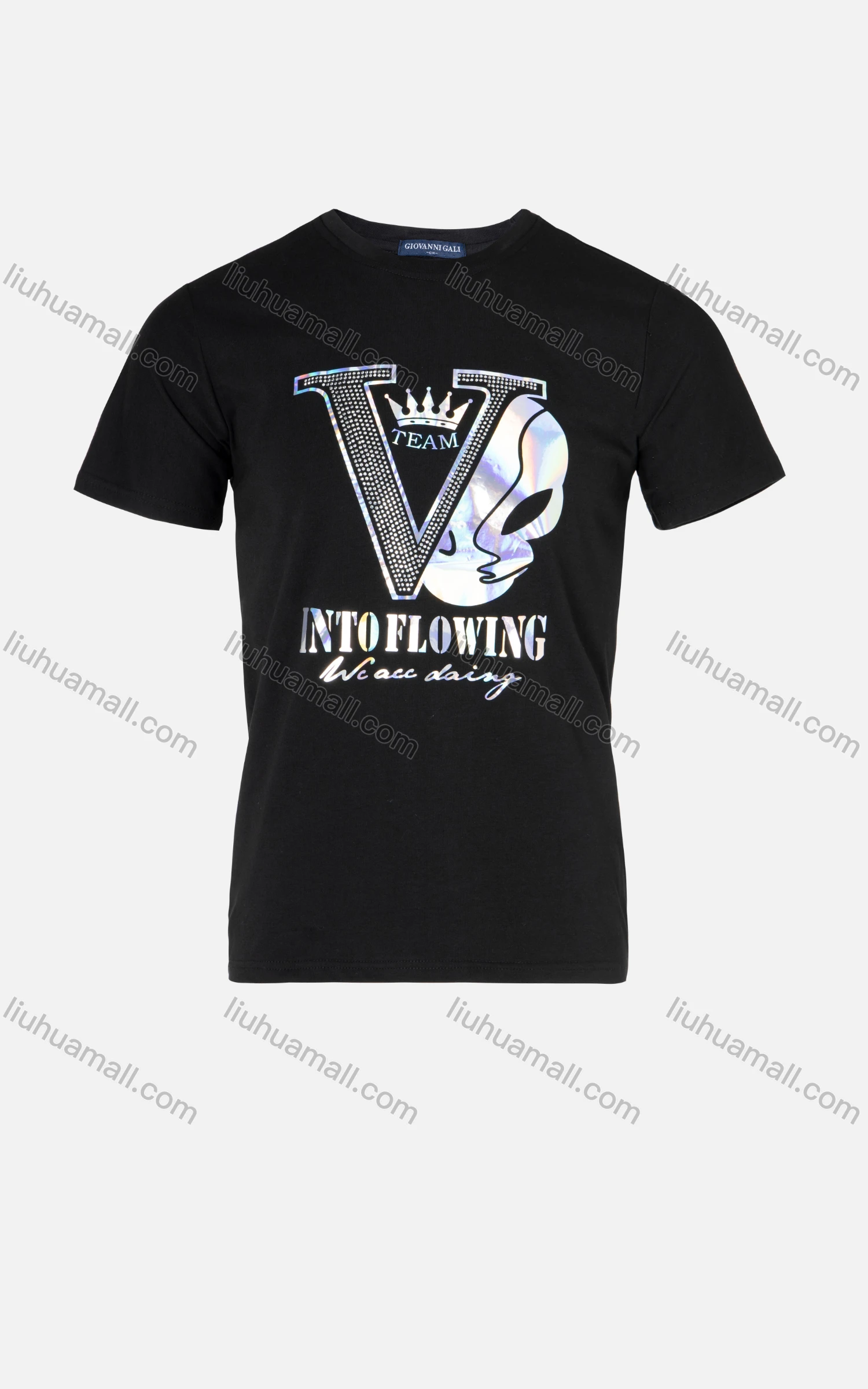 Wholesale Men's Casual Reflective Graphic Letter Print Rhinestone Round Neck T-shirt - Liuhuamall