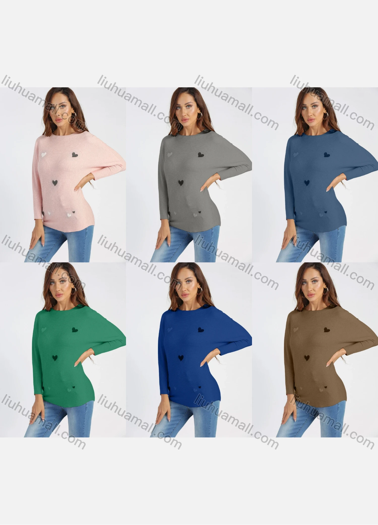 Wholesale Women's Round Neck Long Sleeve Flocking Heart Rhinestone Pullover Knit Top - Liuhuamall