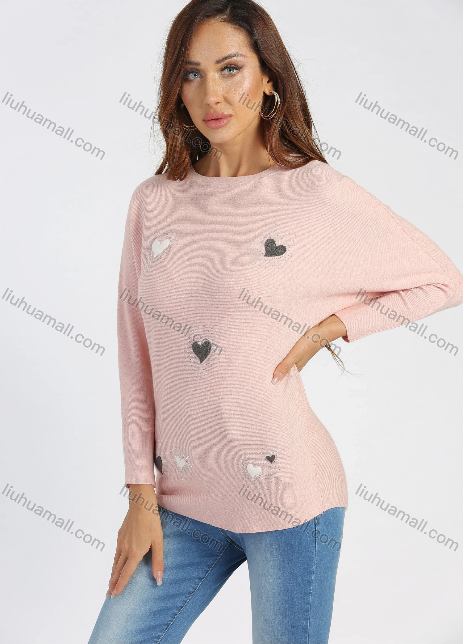 Wholesale Women's Round Neck Long Sleeve Flocking Heart Rhinestone Pullover Knit Top - Liuhuamall
