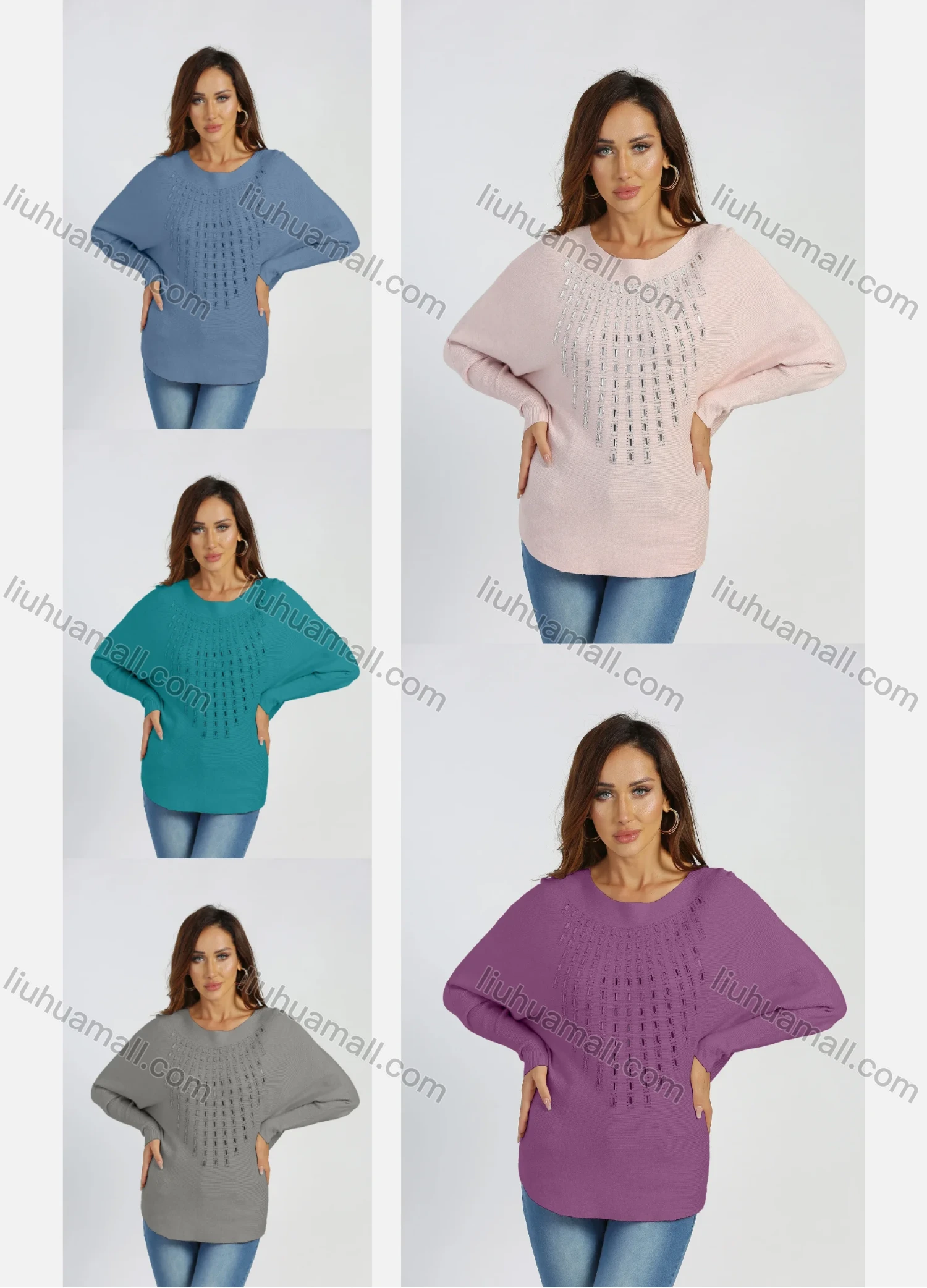 Wholesale Women's Round Neck Drop Shoulder Rhinestone Long Sleeve Pullover Knit Top 824# - Liuhuamall
