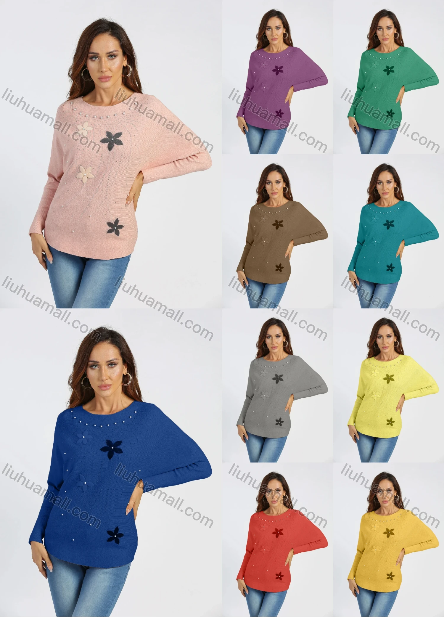 Wholesale Women's Round Neck Rhinestone Floral Drop Shoulder Pullover Knit Top - Liuhuamall