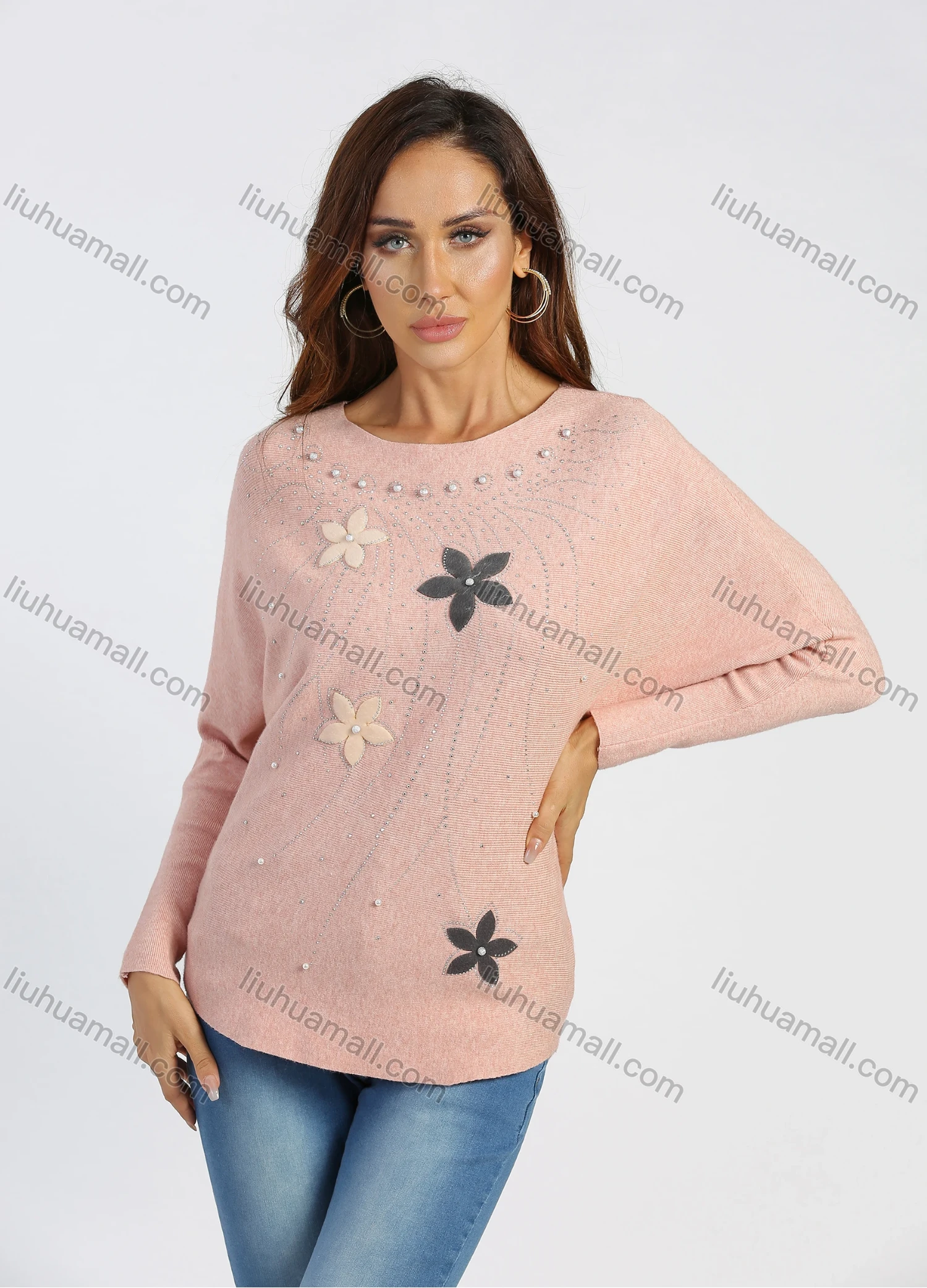 Wholesale Women's Round Neck Rhinestone Floral Drop Shoulder Pullover Knit Top - Liuhuamall