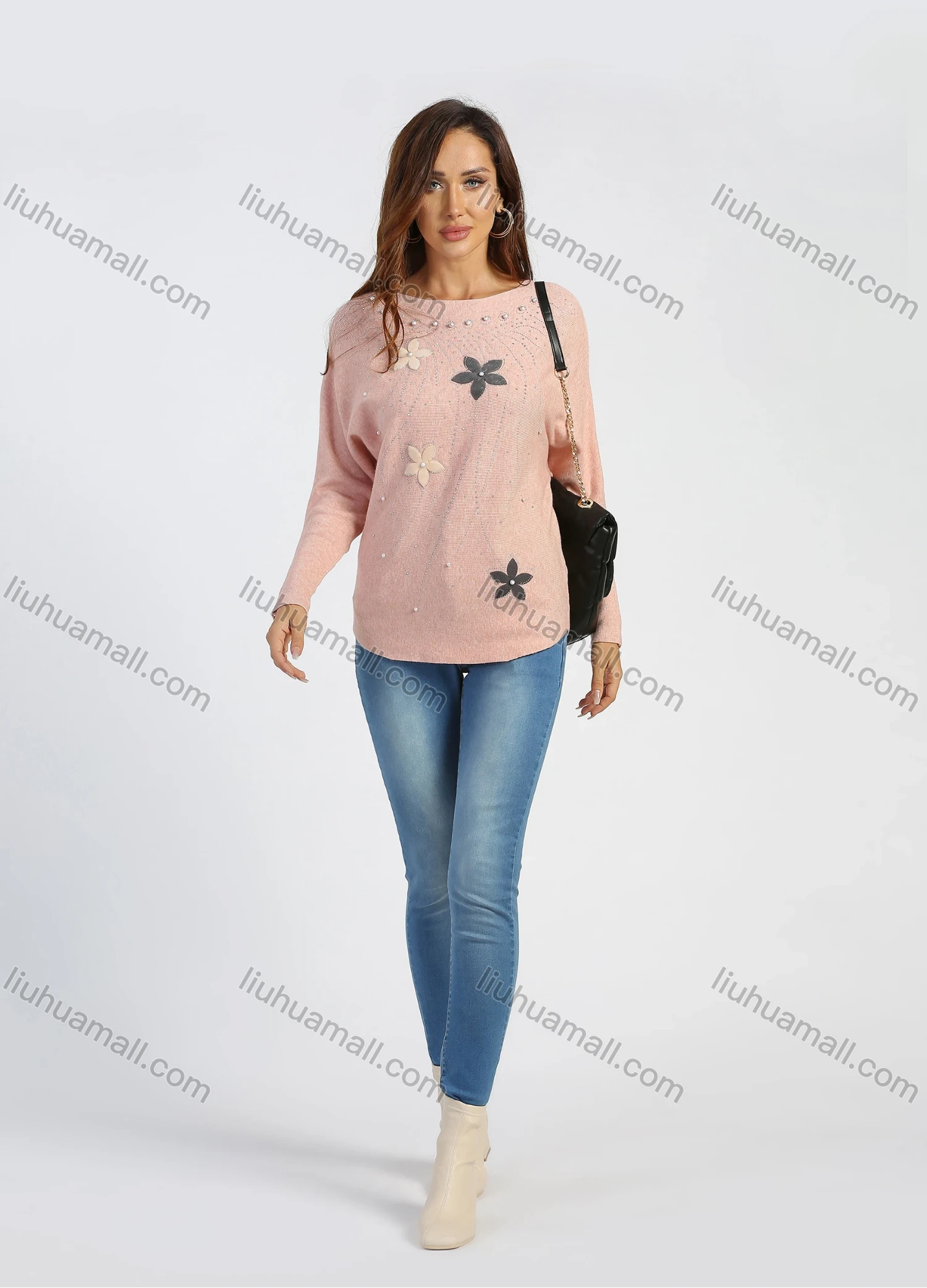 Wholesale Women's Round Neck Rhinestone Floral Drop Shoulder Pullover Knit Top - Liuhuamall