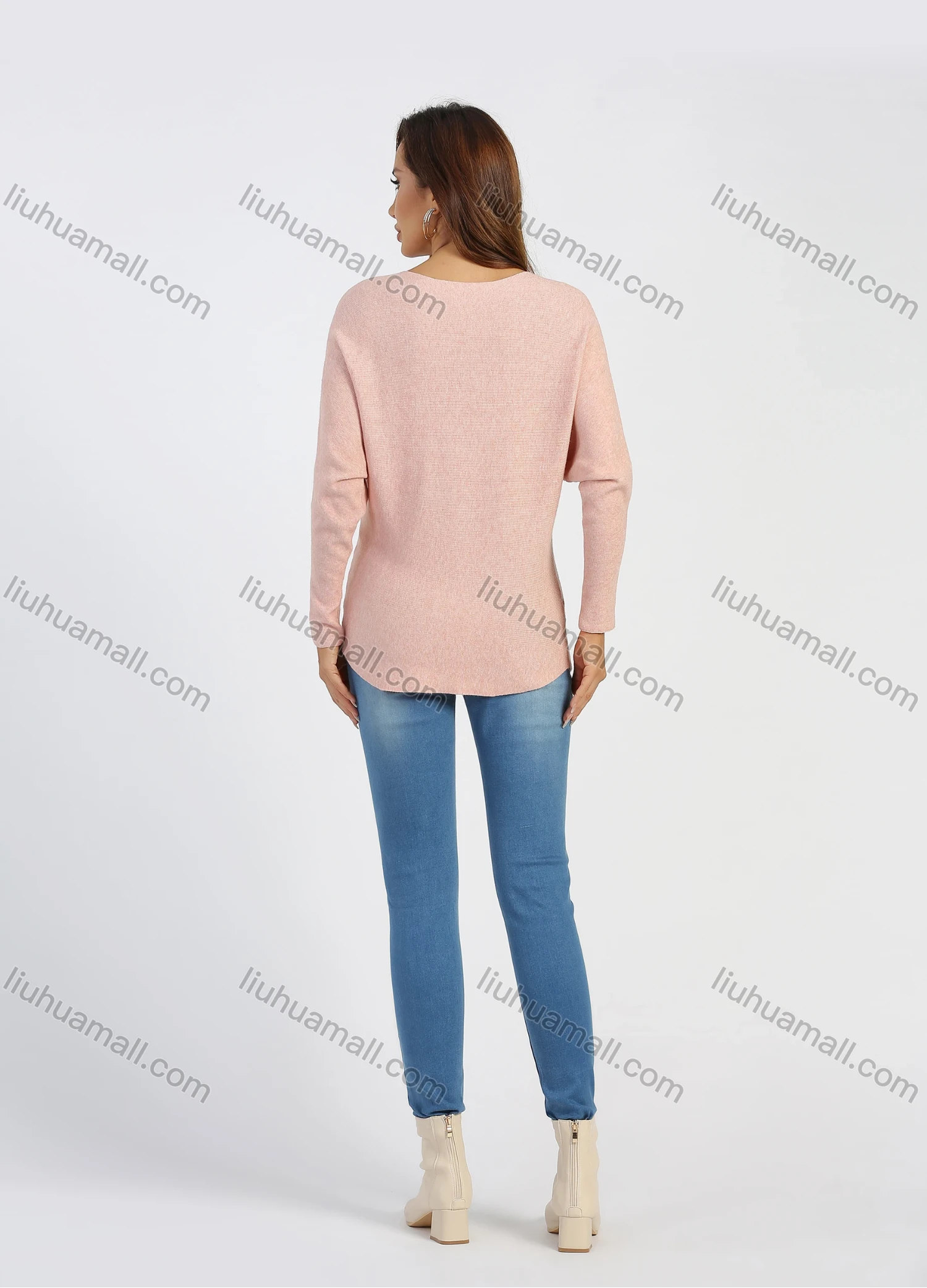 Wholesale Women's Round Neck Rhinestone Floral Drop Shoulder Pullover Knit Top - Liuhuamall