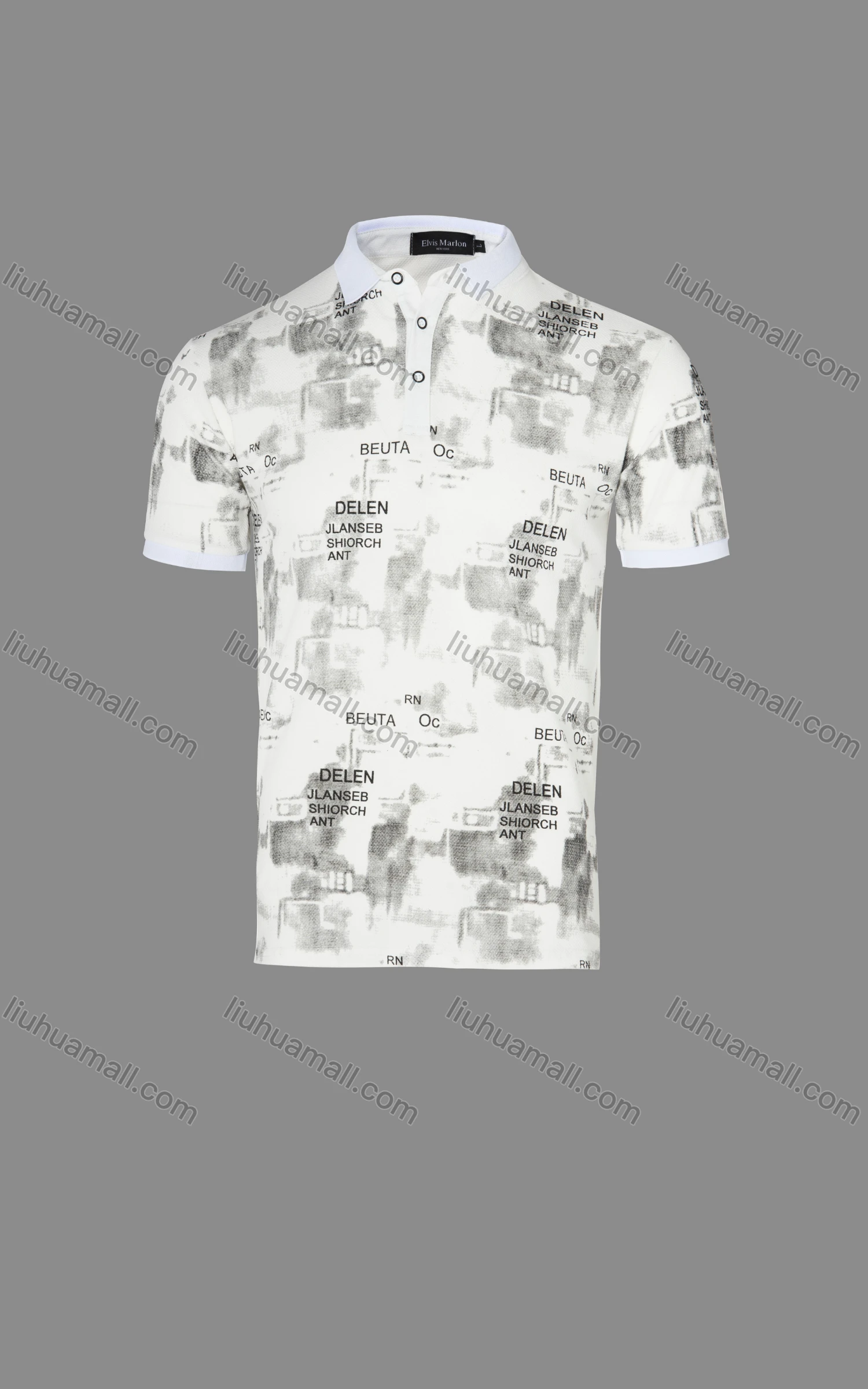 Wholesale Men's Casual Letter Allover Print Contast Collar Polo Shirt - Liuhuamall