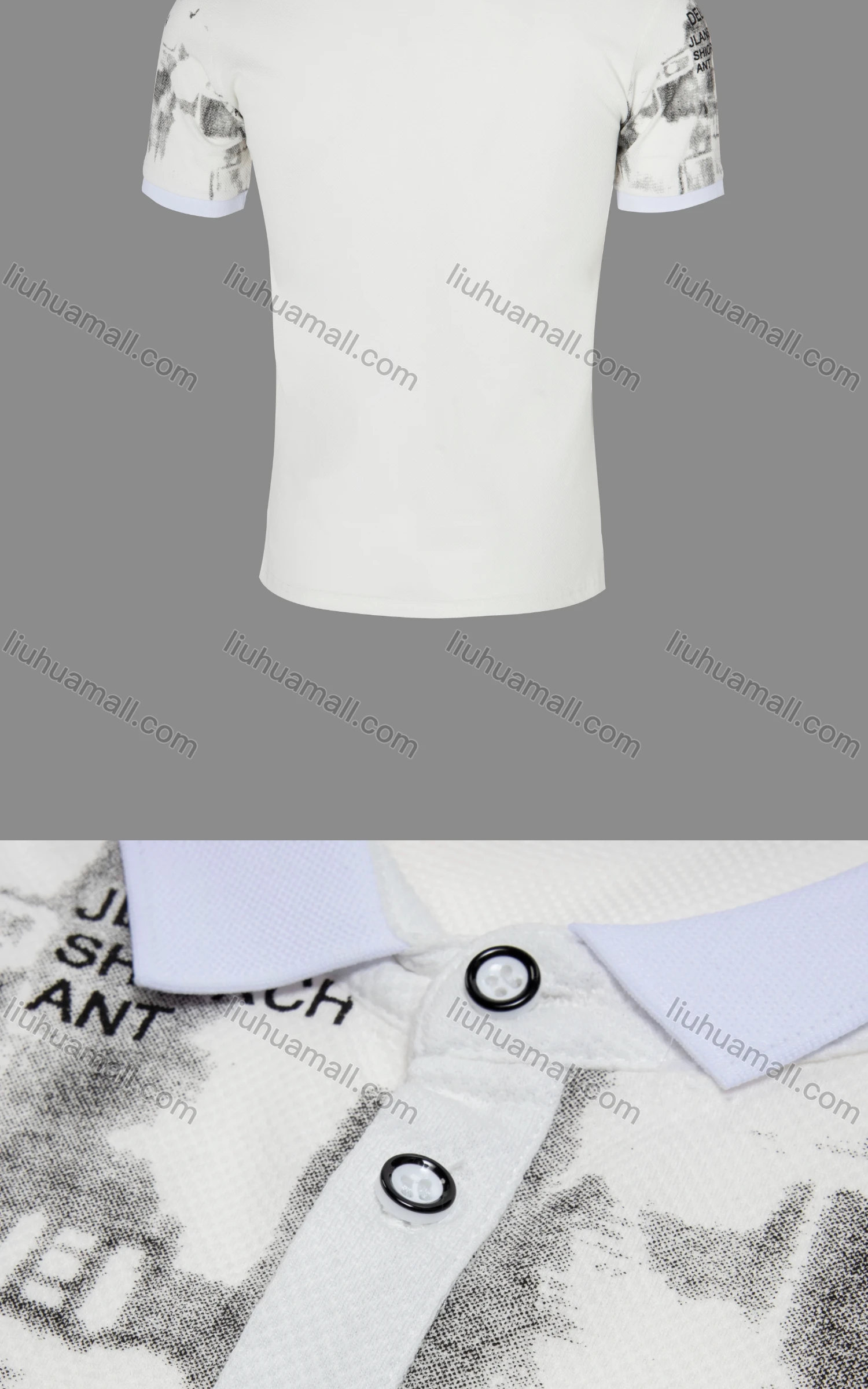 Wholesale Men's Casual Letter Allover Print Contast Collar Polo Shirt - Liuhuamall