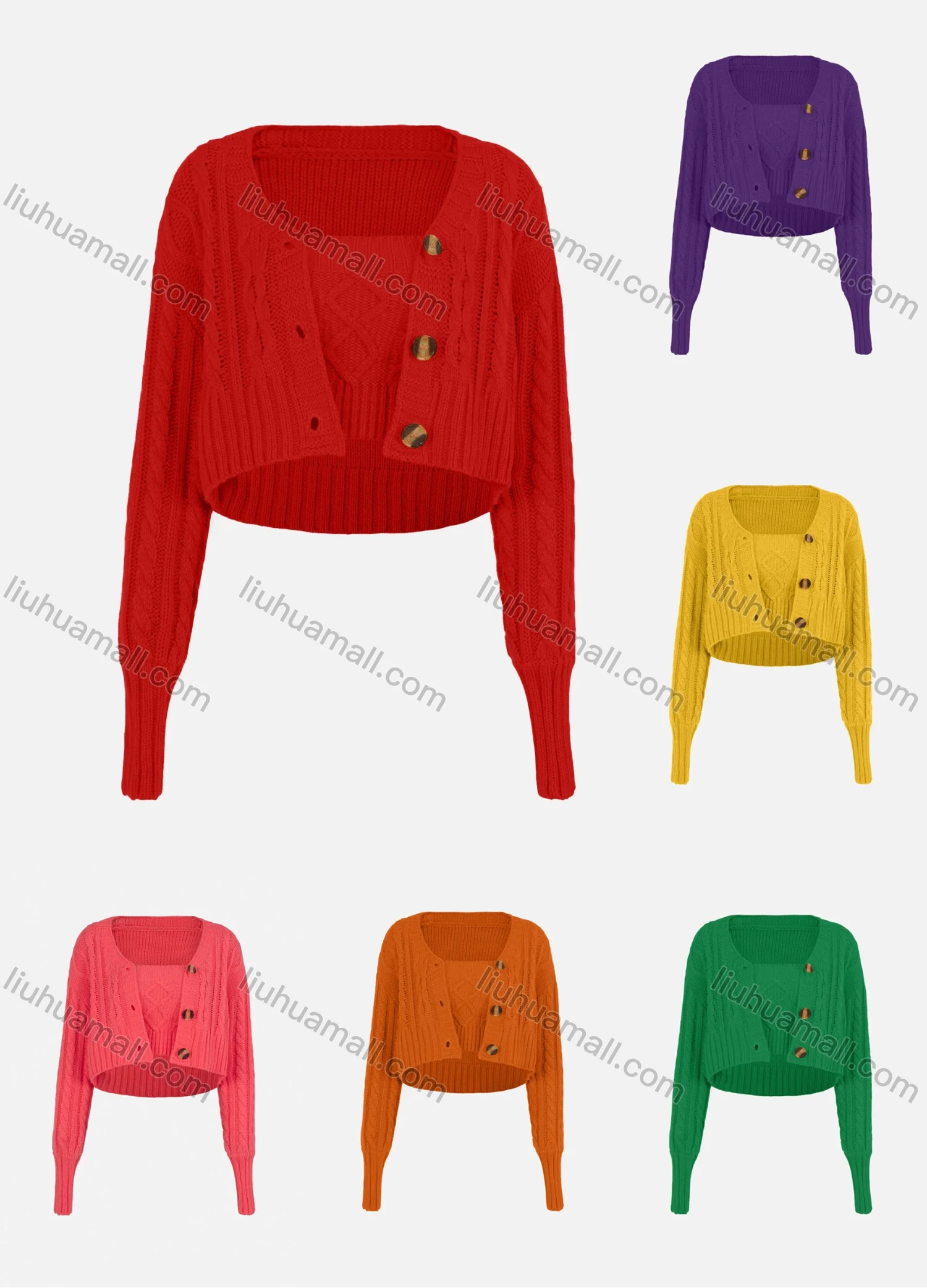 Wholesale Women's Casual Long Sleeve Plain Cable Knit Button Down Crop Cardigan - Liuhuamall