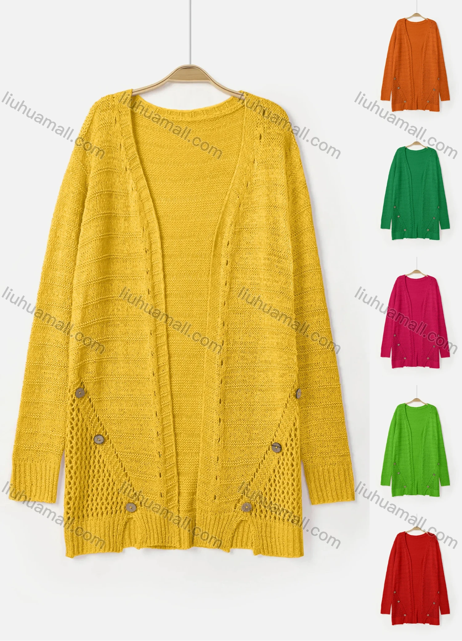 Wholesale Women's Plain Long Sleeve Rib-Knit Button Decor Cardigan - Liuhuamall