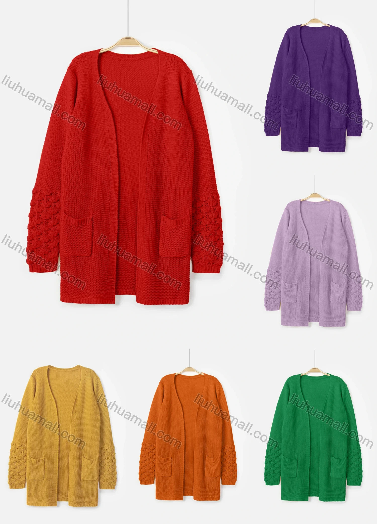 Wholesale Women's Plain Puff Sleeve Open Front Dual Pockets Cardigan - Liuhuamall