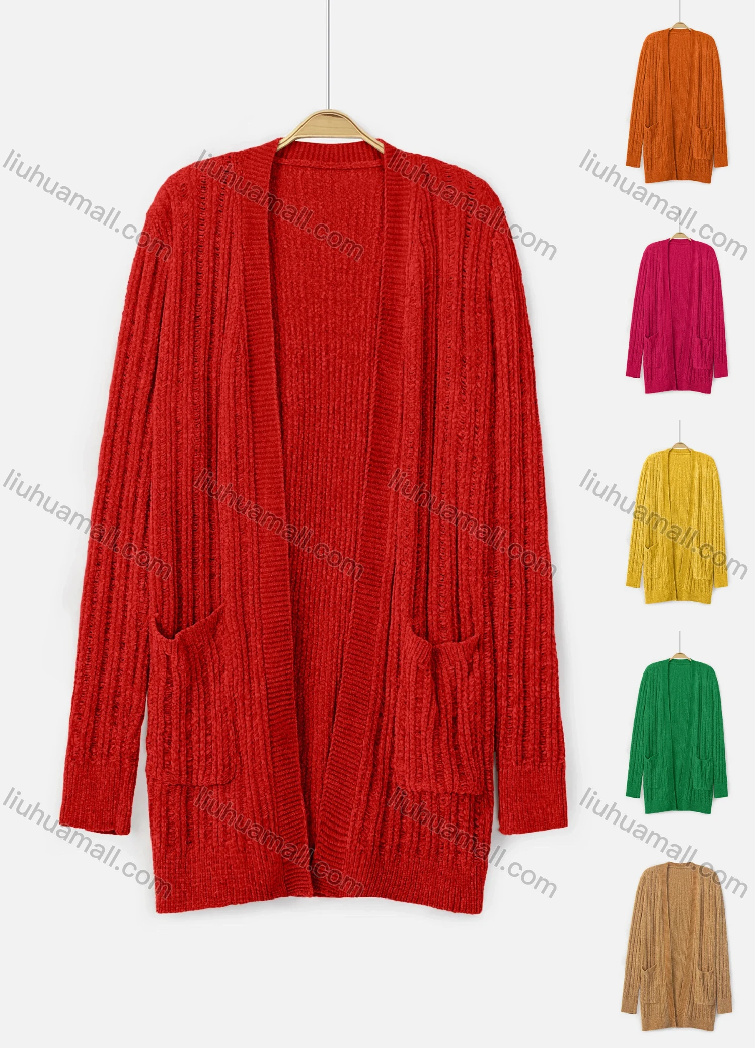 Wholesale Women's Plain Long Sleeve Fuzzy Knit Cardigan - Liuhuamall