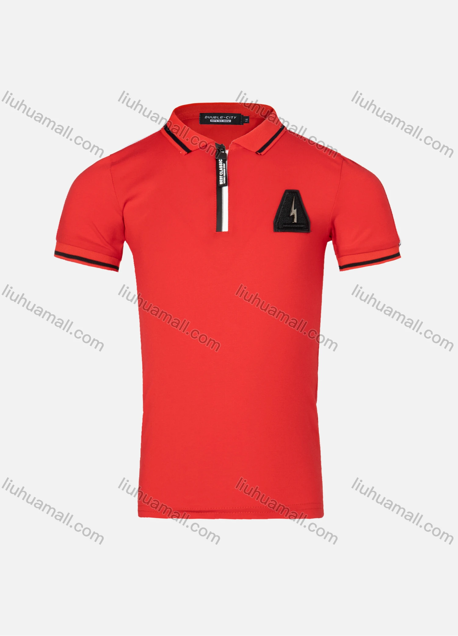 Wholesale Boys Casual Plain Striped Trim Zigzag Metal Embroidery Quarter Zip Polo Shirt - Liuhuamall