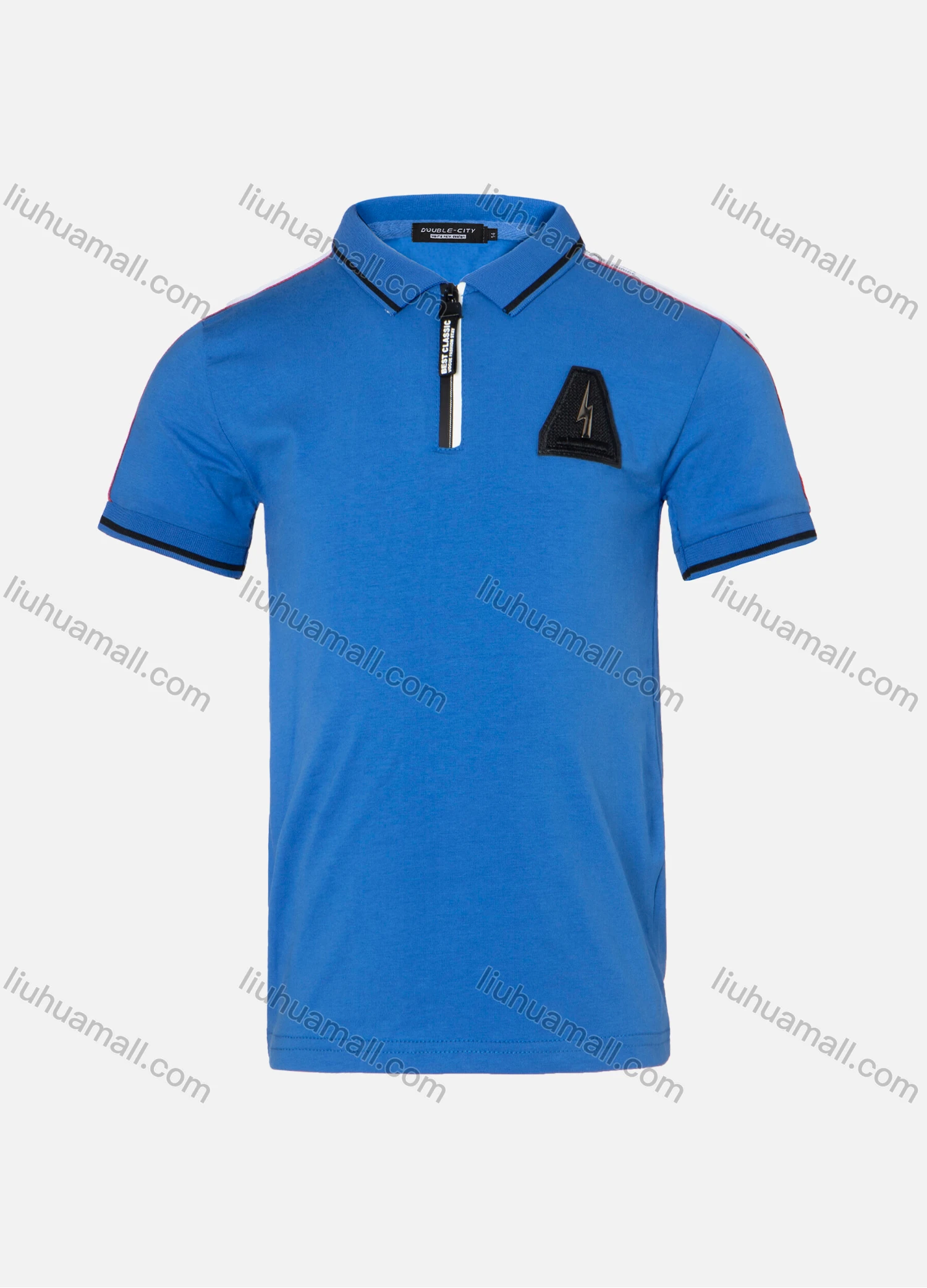 Wholesale Boys Casual Plain Striped Trim Zigzag Metal Embroidery Quarter Zip Polo Shirt - Liuhuamall