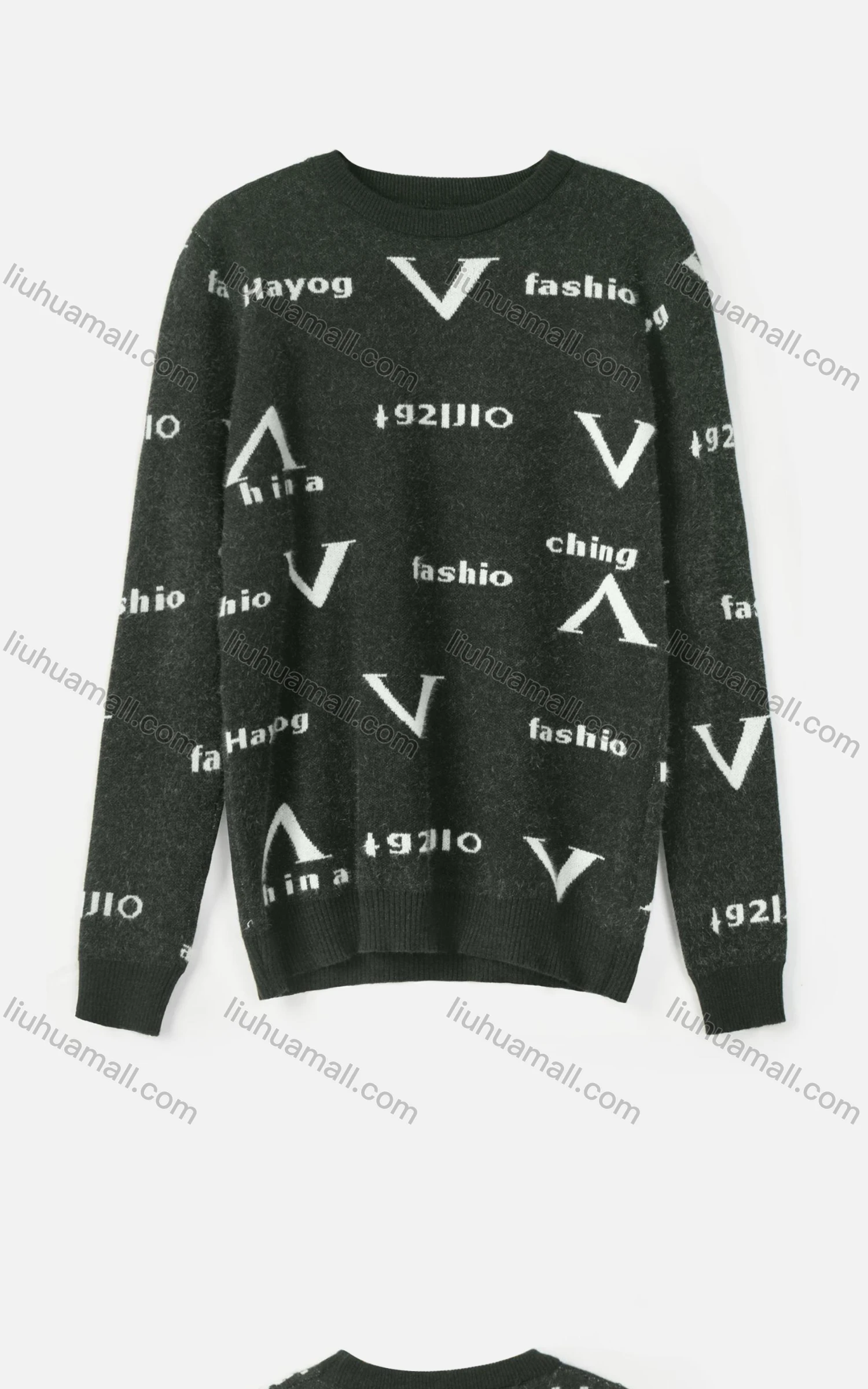 Wholesale Men's Casual Letter Print Round Neck Fuzzy Knit Sweater - Liuhuamall