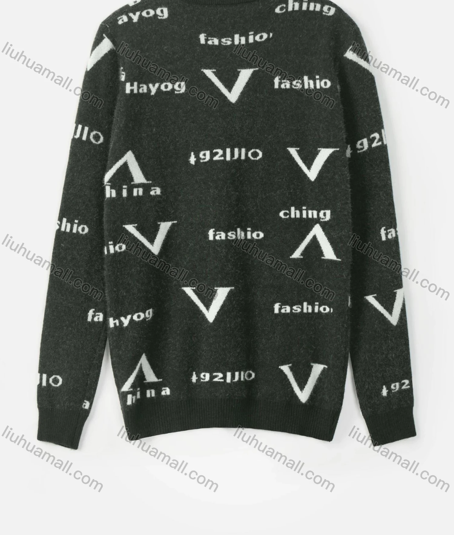 Wholesale Men's Casual Letter Print Round Neck Fuzzy Knit Sweater - Liuhuamall