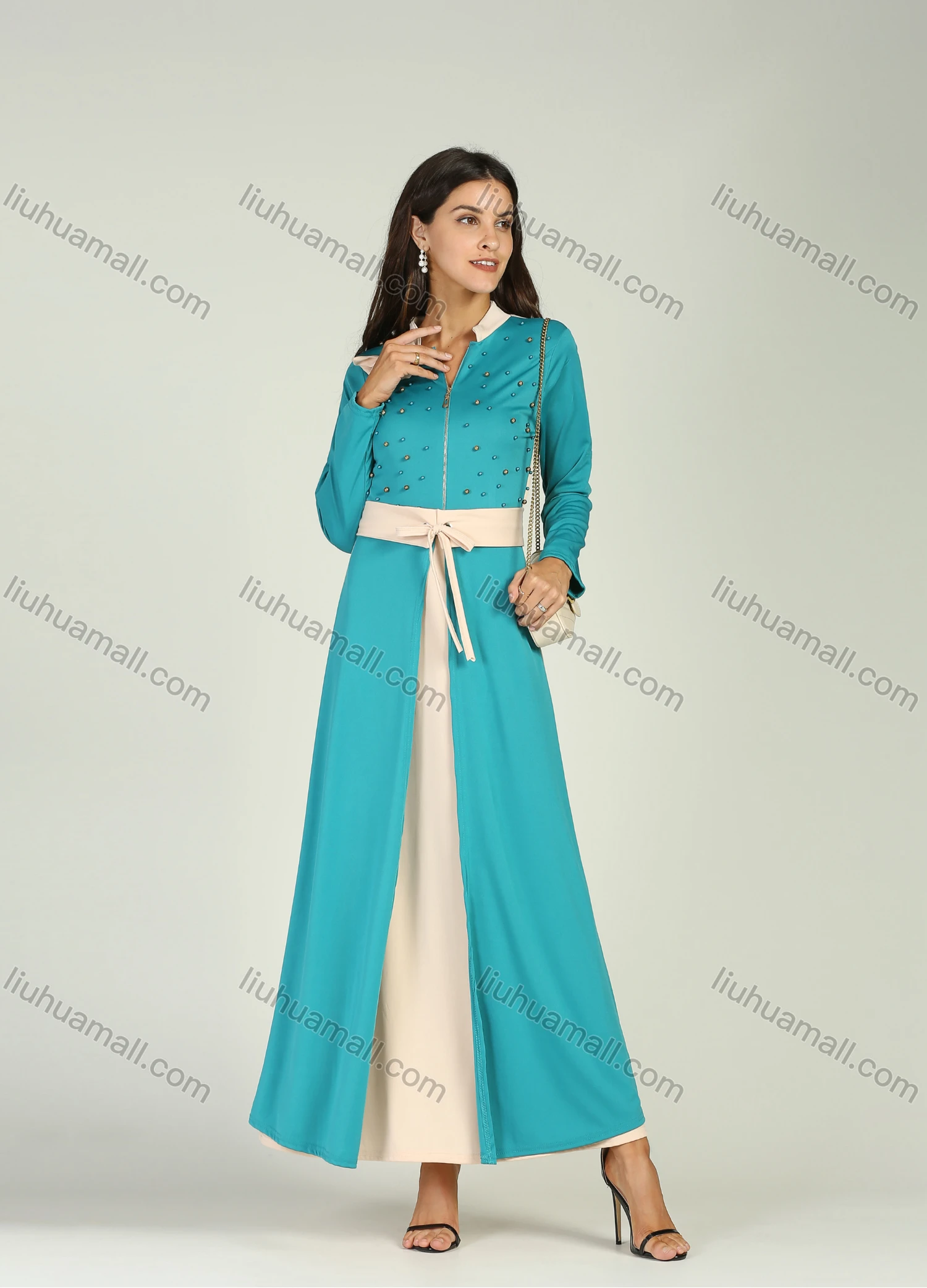 Wholesale Women's Casual & Fashion Collar Zip Long Sleeve Two Tone Drawstring Pearl Decor Maxi Dress - Liuhuamall