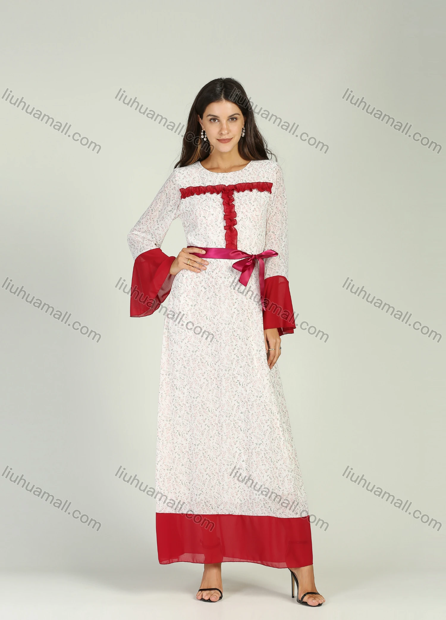 Wholesale Women's Casual Chiffon Ruffle Trim Round Neck Bell Sleeve Floral Print Maxi Dress With Belt - Liuhuamall