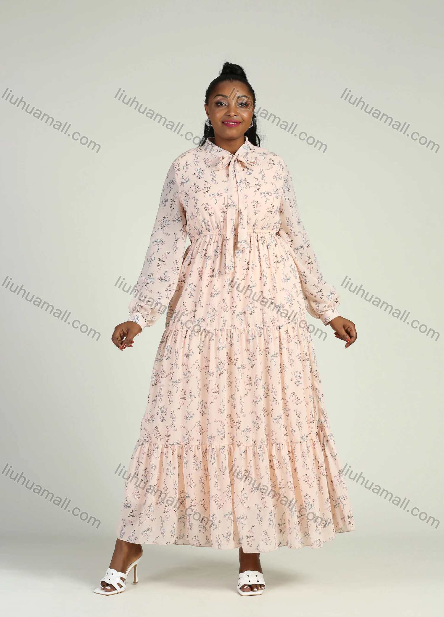 Wholesale Women's Casual Tie Neck Long Sleeve Floral Print A-Line Chiffon Maxi Dress - Liuhuamall