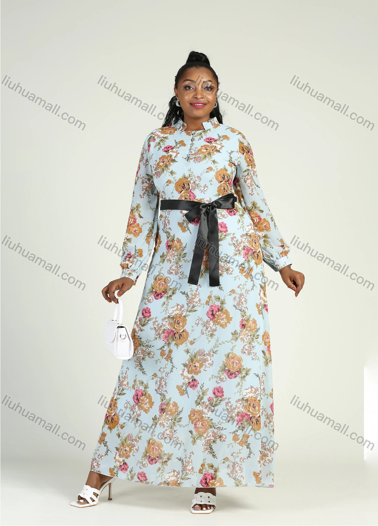 Wholesale Women's Notched Neck Long Sleeve Floral Print Chiffon Maxi Dress With Belt - Liuhuamall