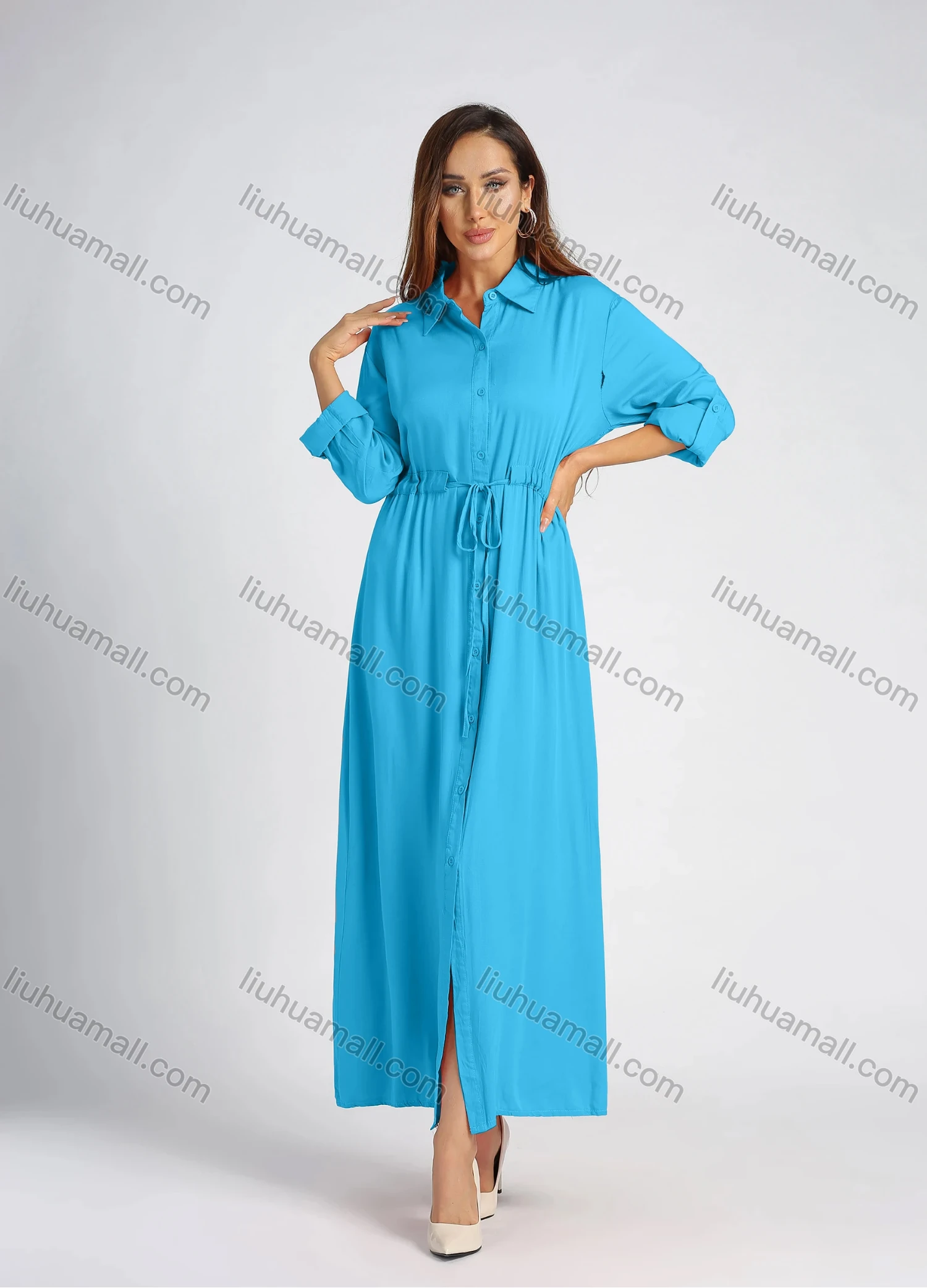 Wholesale Women's Collared High Waist Button Front Long Sleeve Drawstring Plain Maxi Shirt Dress - Liuhuamall