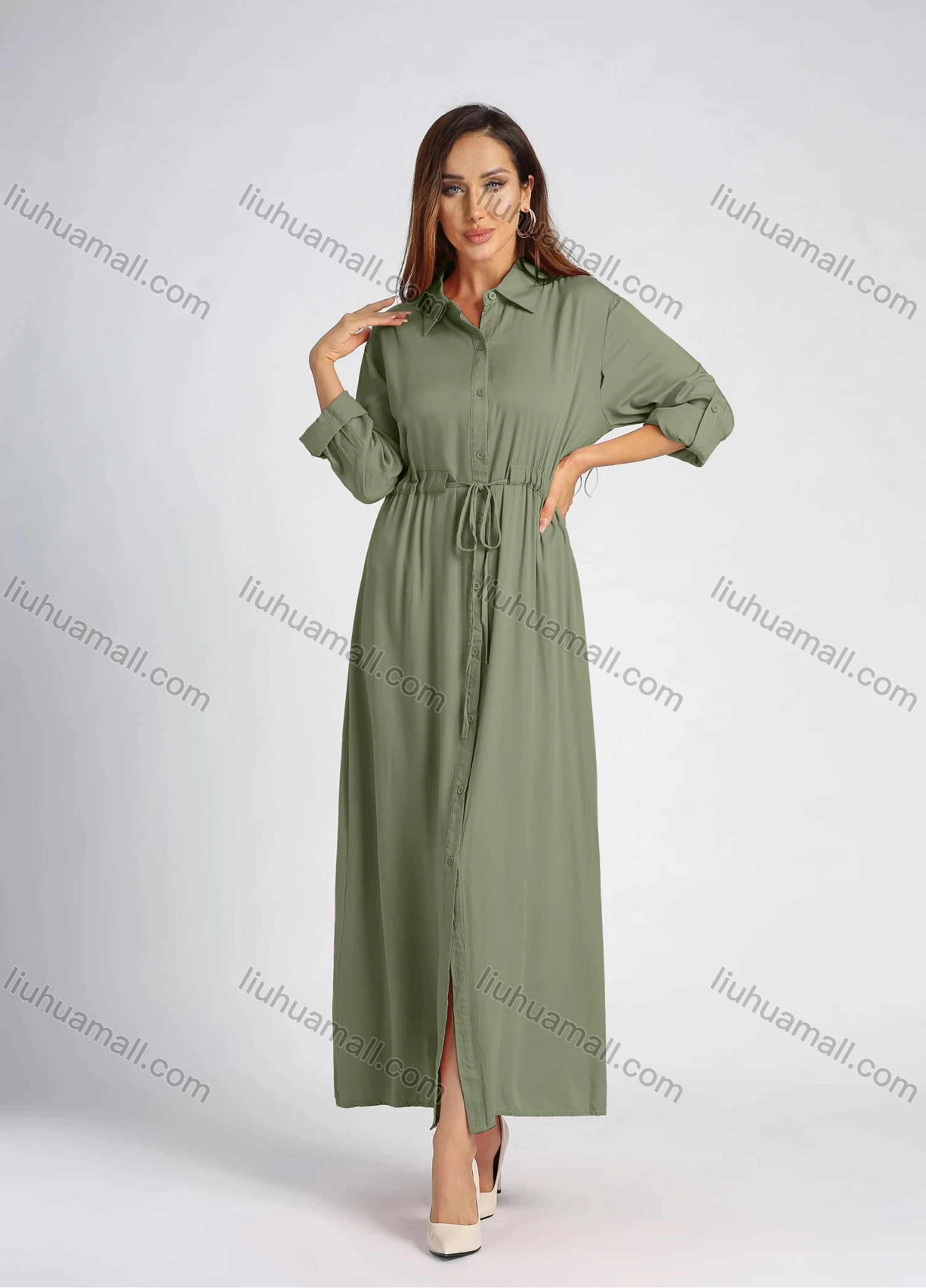 Wholesale Women's Collared High Waist Button Front Long Sleeve Drawstring Plain Maxi Shirt Dress - Liuhuamall