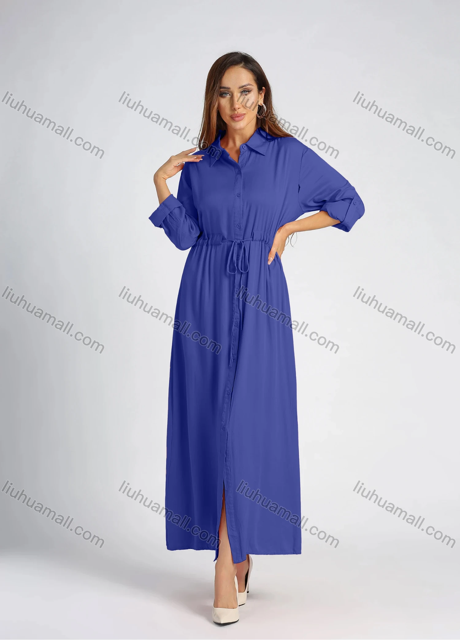 Wholesale Women's Collared High Waist Button Front Long Sleeve Drawstring Plain Maxi Shirt Dress - Liuhuamall