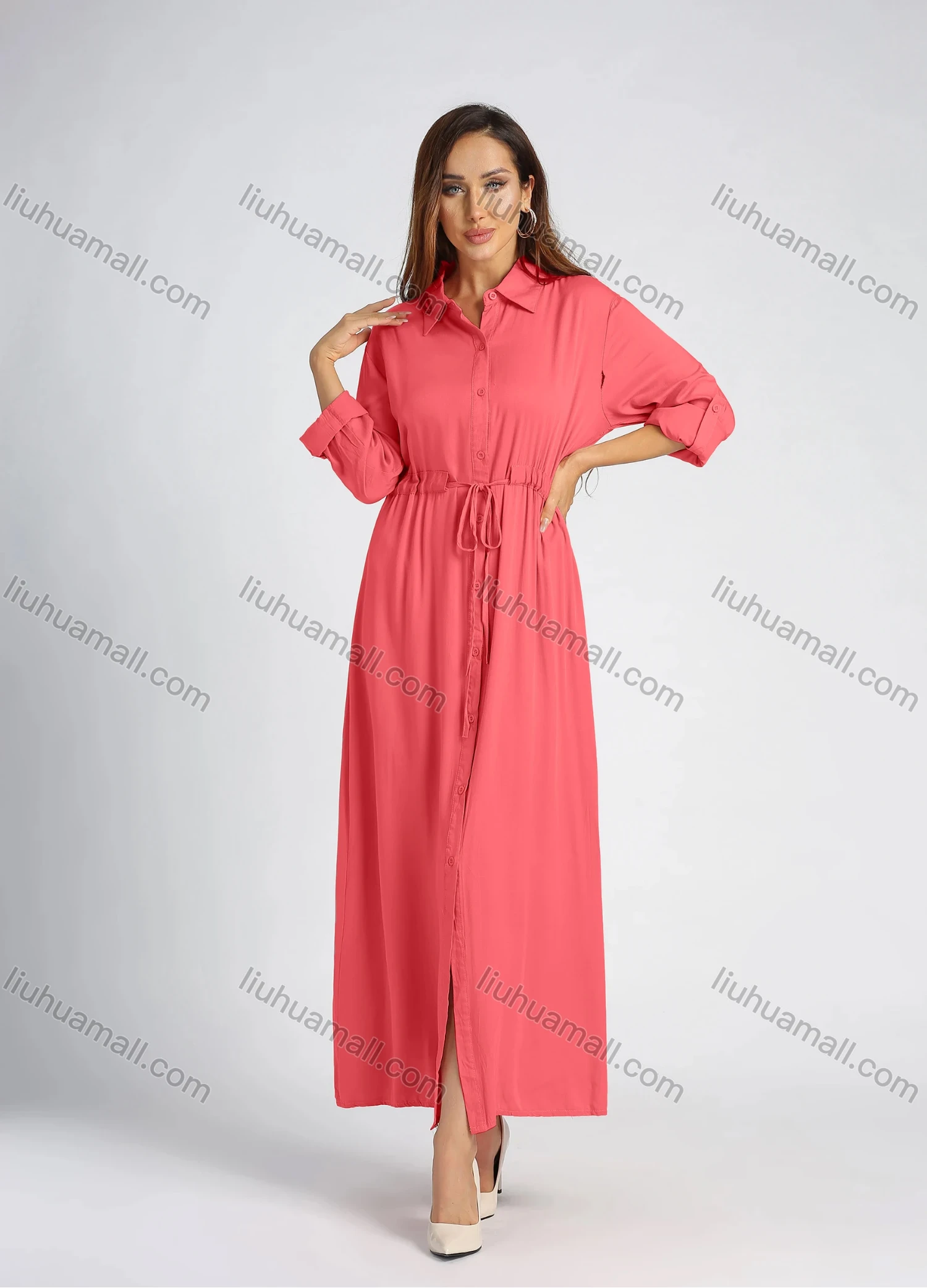 Wholesale Women's Collared High Waist Button Front Long Sleeve Drawstring Plain Maxi Shirt Dress - Liuhuamall