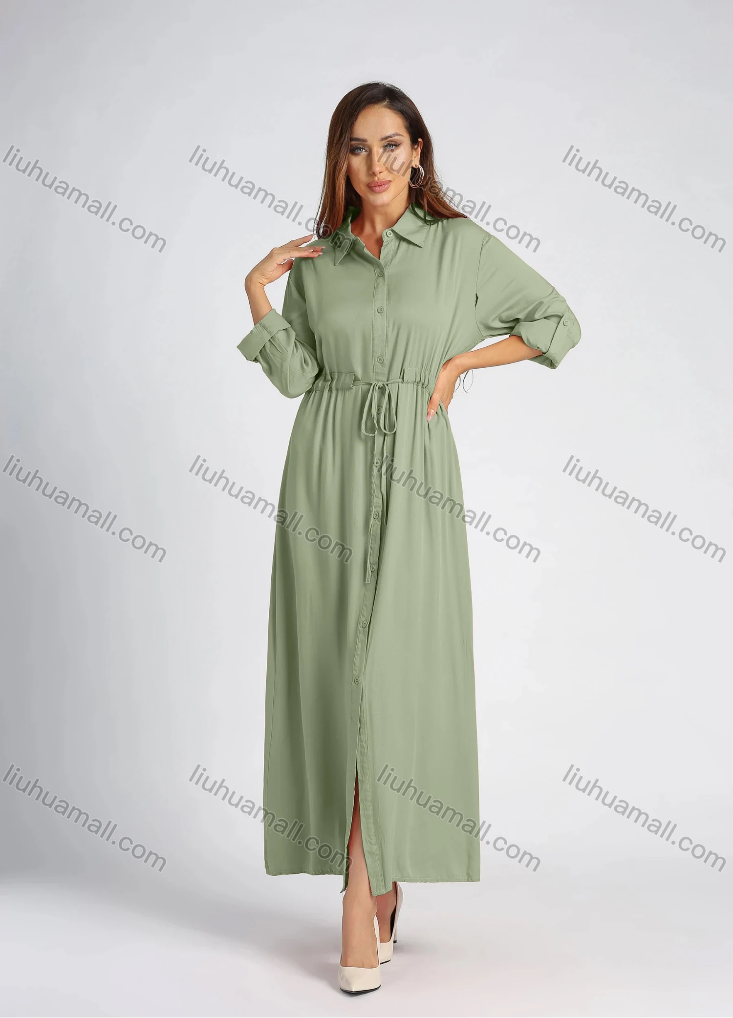 Wholesale Women's Collared High Waist Button Front Long Sleeve Drawstring Plain Maxi Shirt Dress - Liuhuamall