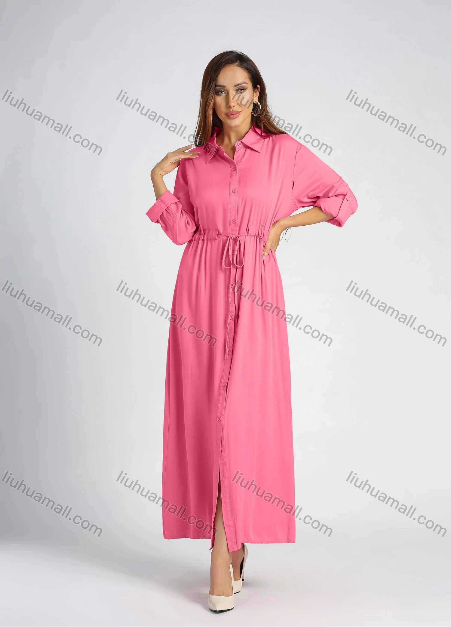 Wholesale Women's Collared High Waist Button Front Long Sleeve Drawstring Plain Maxi Shirt Dress - Liuhuamall