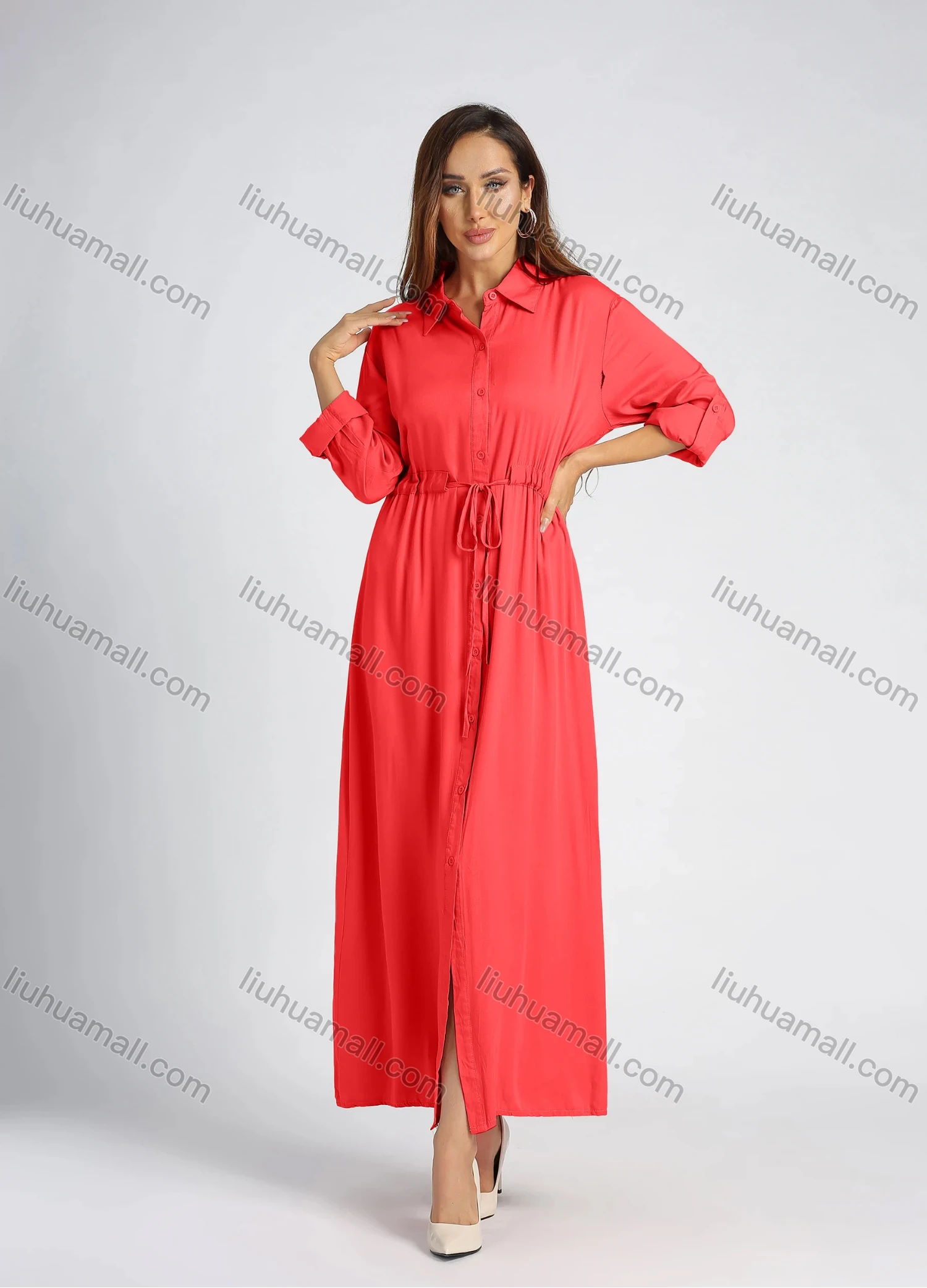 Wholesale Women's Collared High Waist Button Front Long Sleeve Drawstring Plain Maxi Shirt Dress - Liuhuamall
