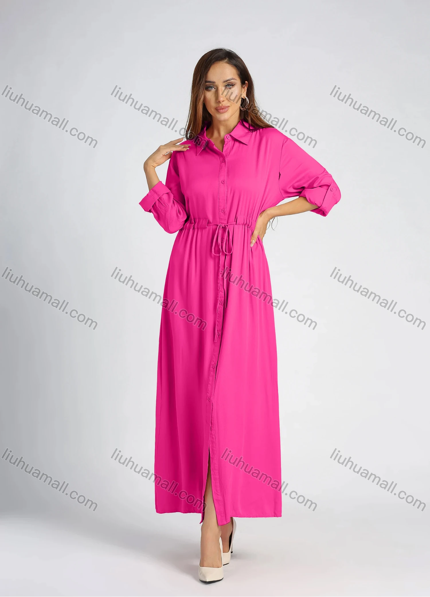Wholesale Women's Collared High Waist Button Front Long Sleeve Drawstring Plain Maxi Shirt Dress - Liuhuamall