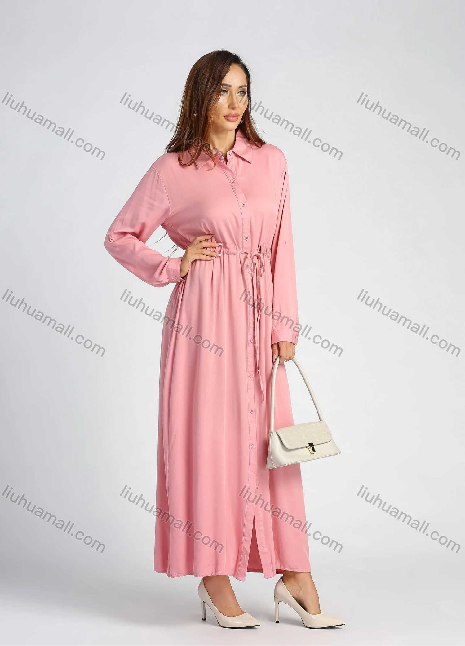 Wholesale Women's Collared High Waist Button Front Long Sleeve Drawstring Plain Maxi Shirt Dress - Liuhuamall