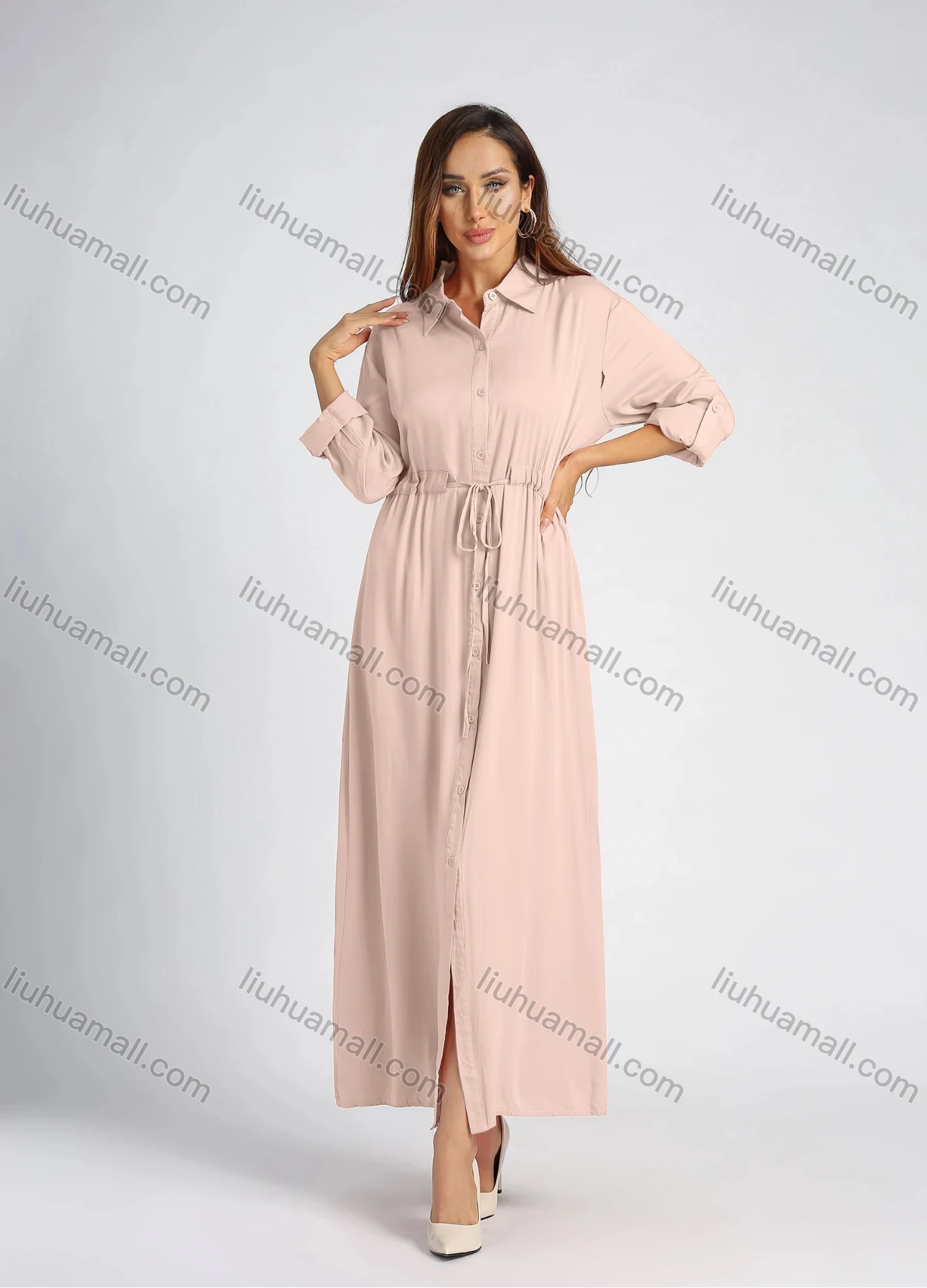 Wholesale Women's Collared High Waist Button Front Long Sleeve Drawstring Plain Maxi Shirt Dress - Liuhuamall