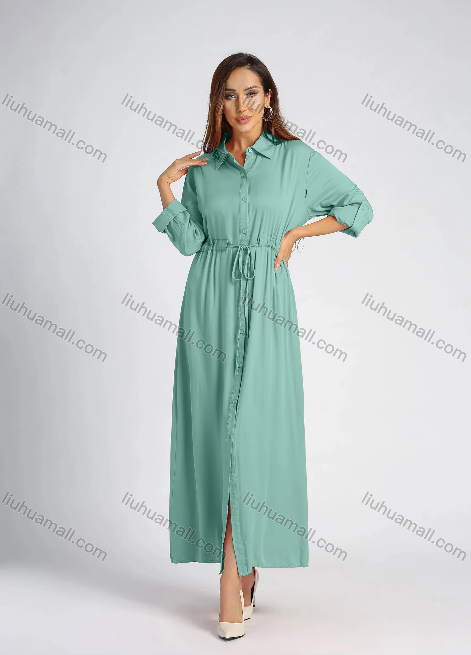 Wholesale Women's Collared High Waist Button Front Long Sleeve Drawstring Plain Maxi Shirt Dress - Liuhuamall