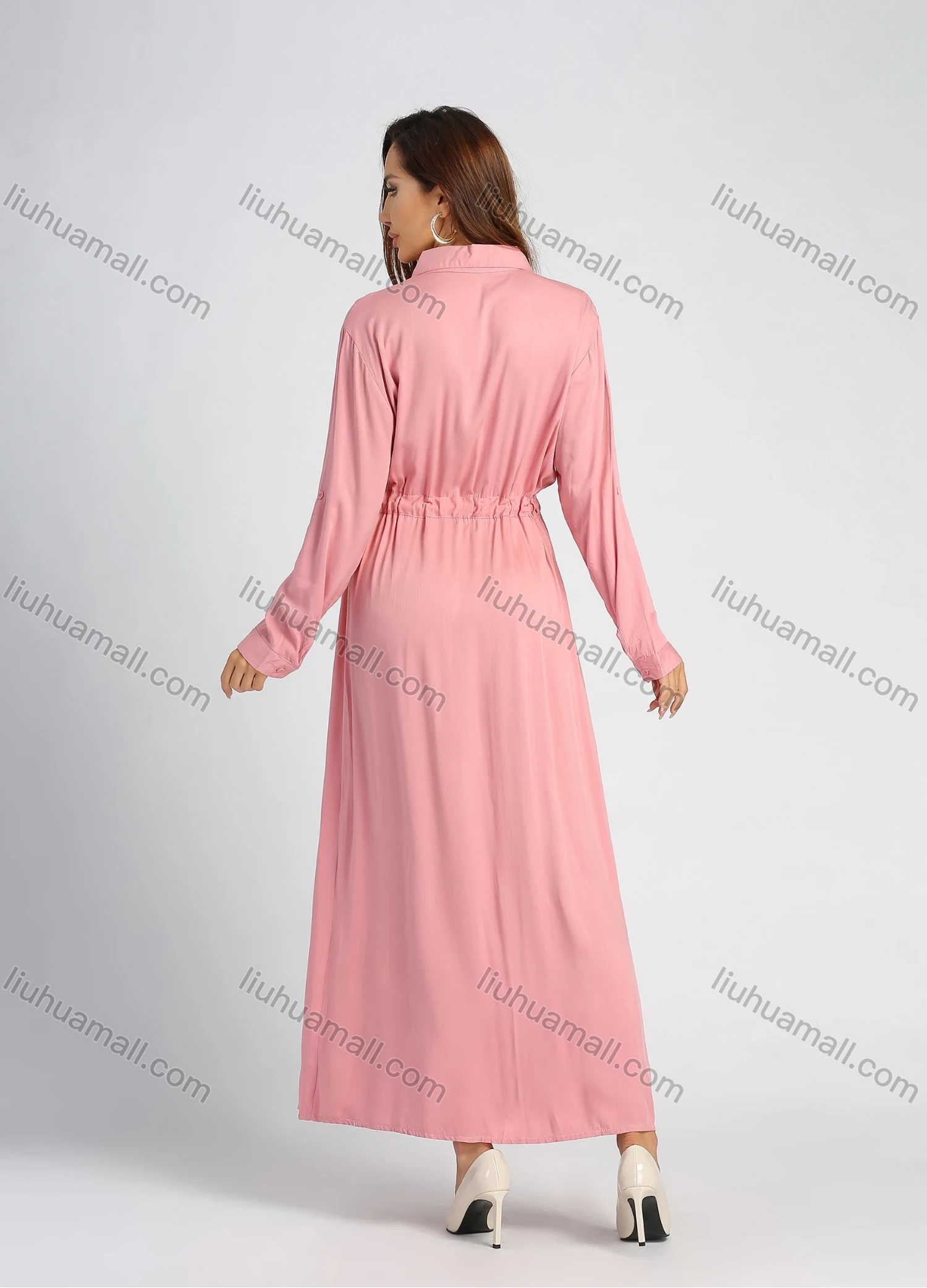 Wholesale Women's Collared High Waist Button Front Long Sleeve Drawstring Plain Maxi Shirt Dress - Liuhuamall