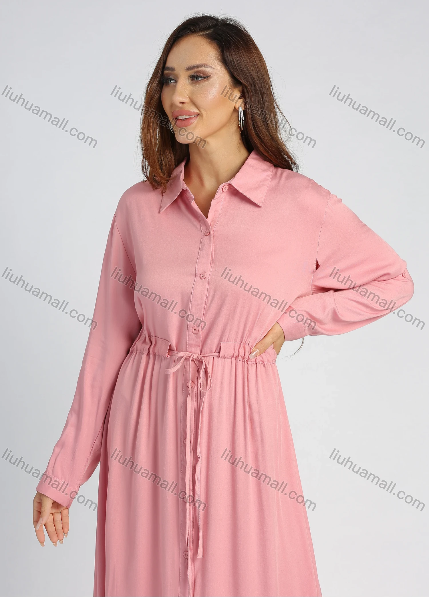 Wholesale Women's Collared High Waist Button Front Long Sleeve Drawstring Plain Maxi Shirt Dress - Liuhuamall