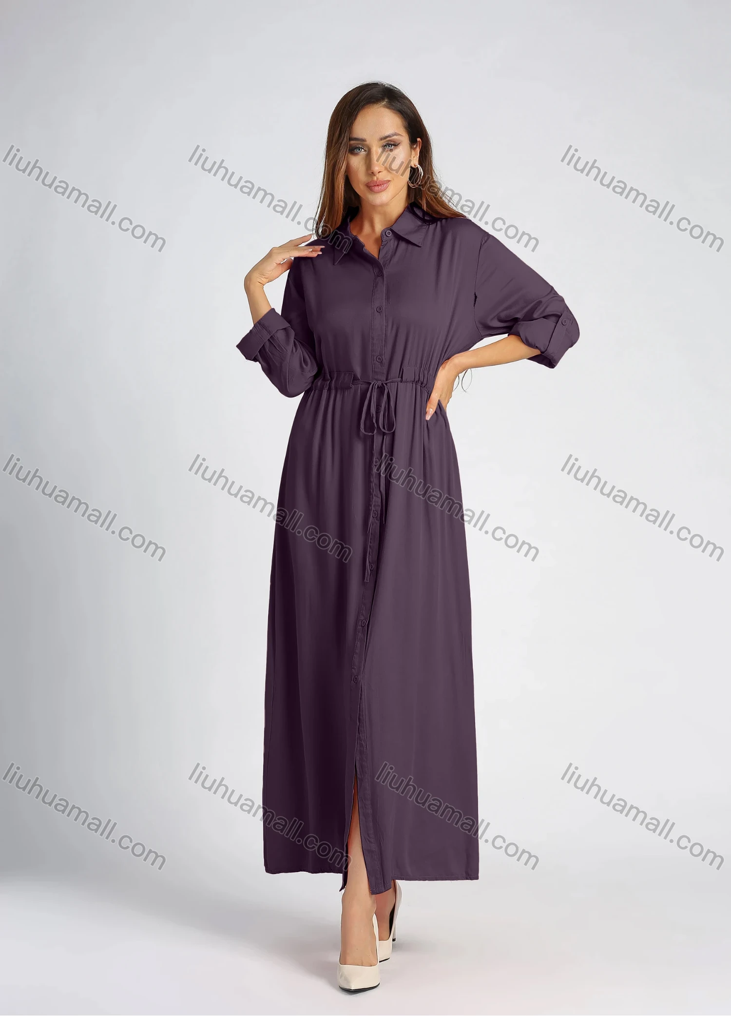 Wholesale Women's Collared High Waist Button Front Long Sleeve Drawstring Plain Maxi Shirt Dress - Liuhuamall