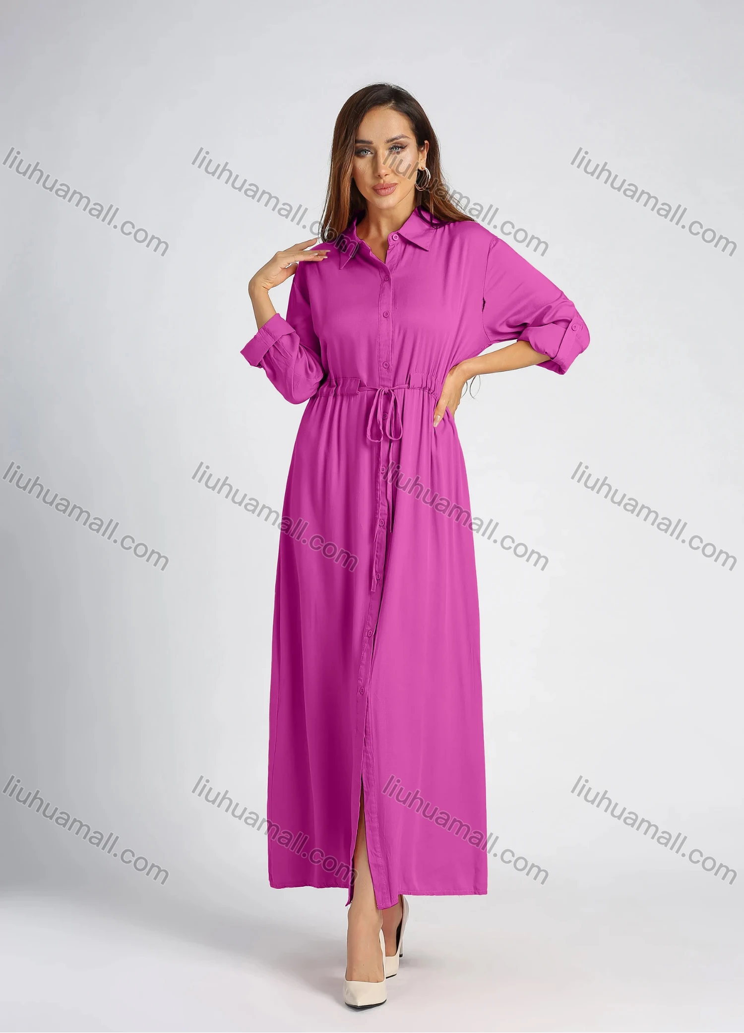 Wholesale Women's Collared High Waist Button Front Long Sleeve Drawstring Plain Maxi Shirt Dress - Liuhuamall
