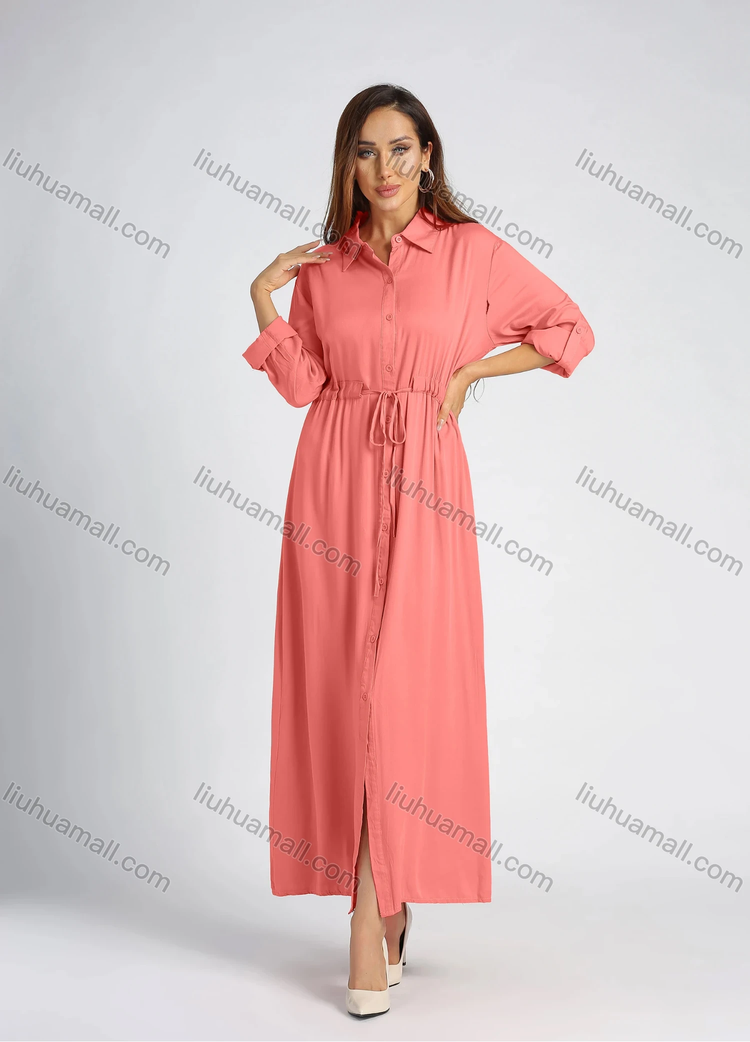 Wholesale Women's Collared High Waist Button Front Long Sleeve Drawstring Plain Maxi Shirt Dress - Liuhuamall