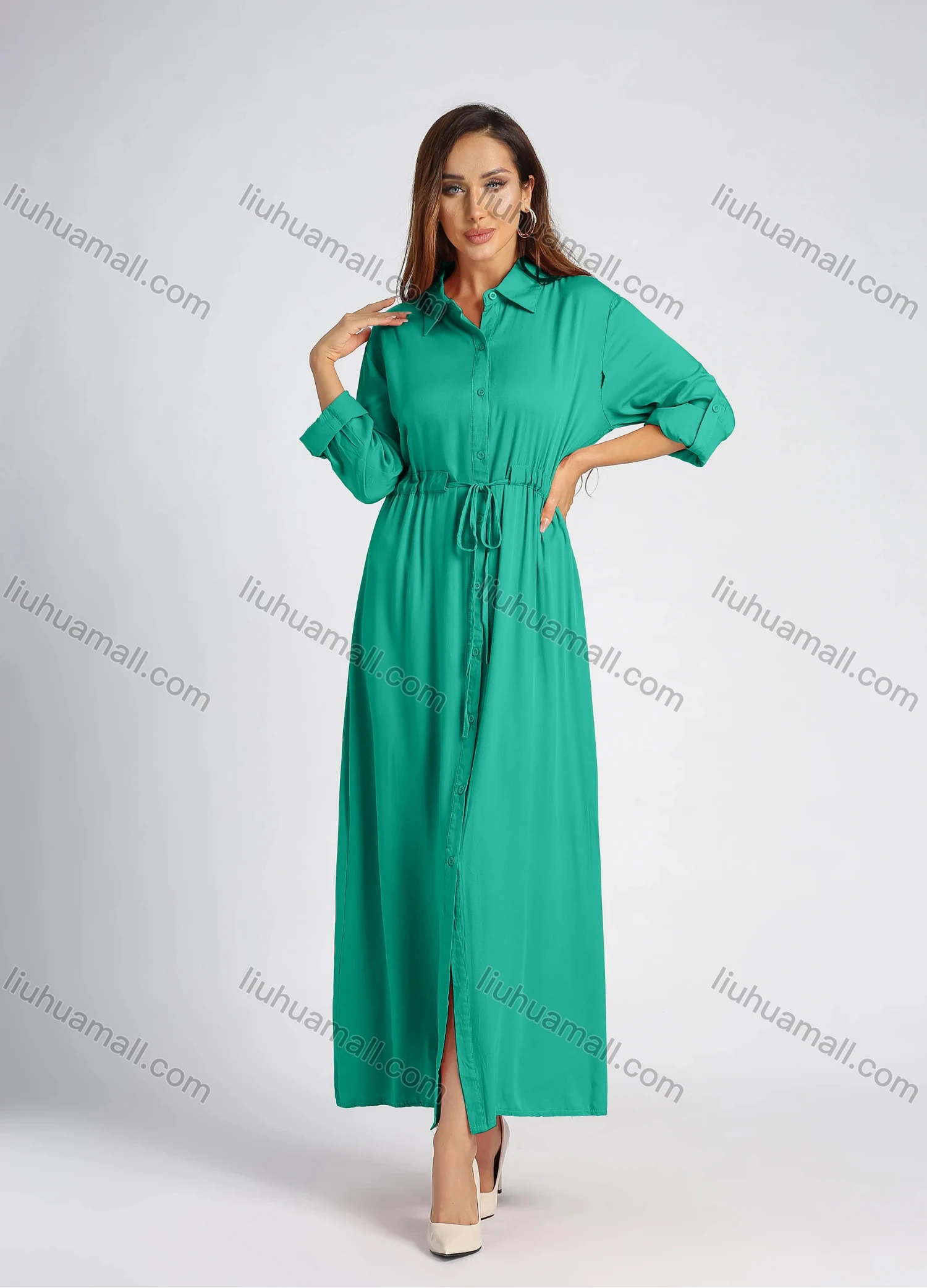 Wholesale Women's Collared High Waist Button Front Long Sleeve Drawstring Plain Maxi Shirt Dress - Liuhuamall