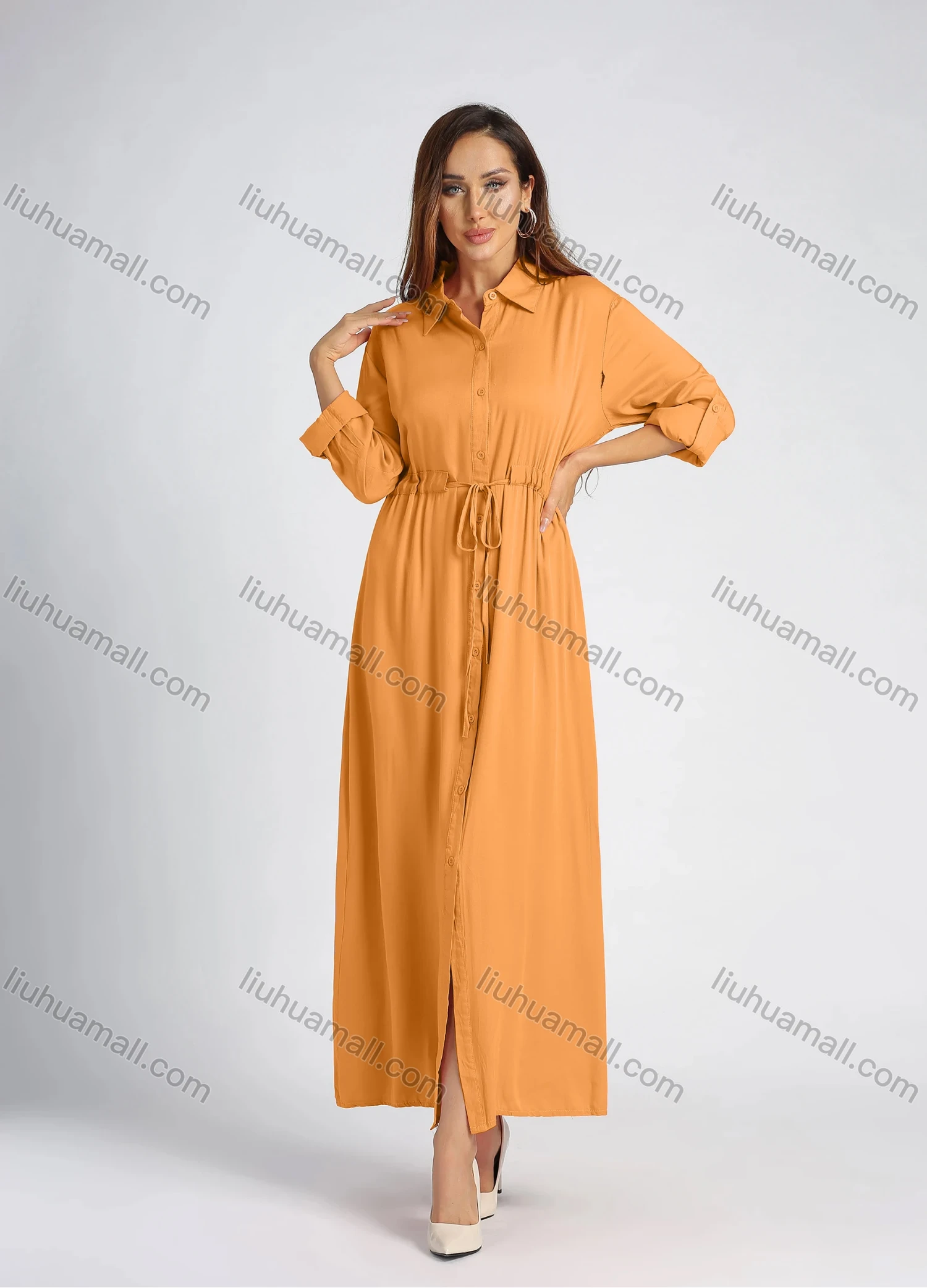 Wholesale Women's Collared High Waist Button Front Long Sleeve Drawstring Plain Maxi Shirt Dress - Liuhuamall