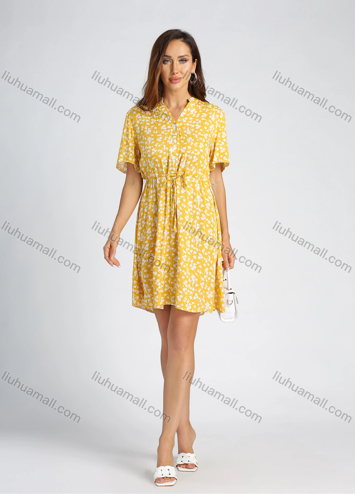 Wholesale Women's Allover Floral Print V Neck Short Sleeve Casual Short Dress - Liuhuamall