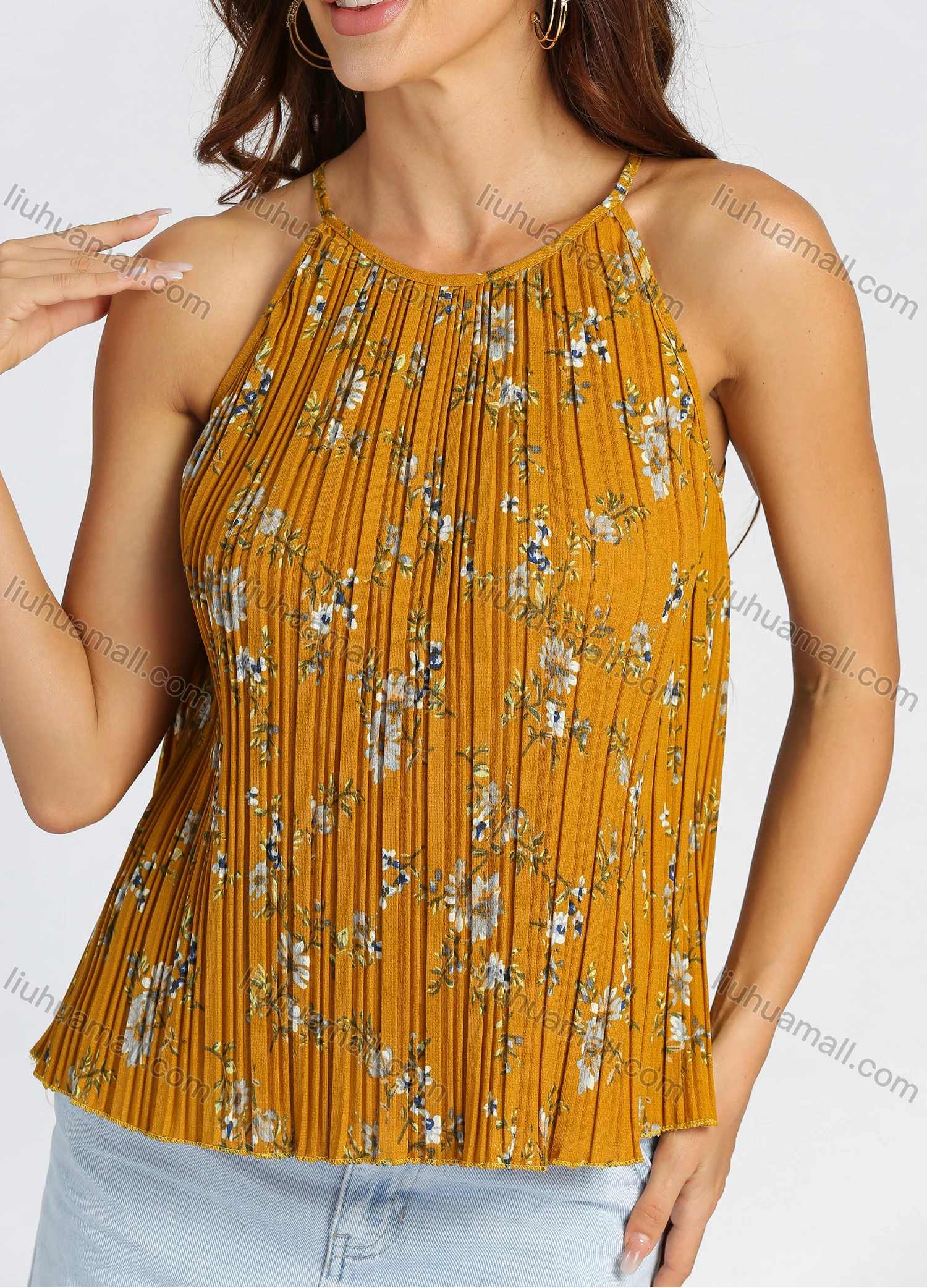 Wholesale Women's Chiffon Floral Print Ruched Cami Top - Liuhuamall